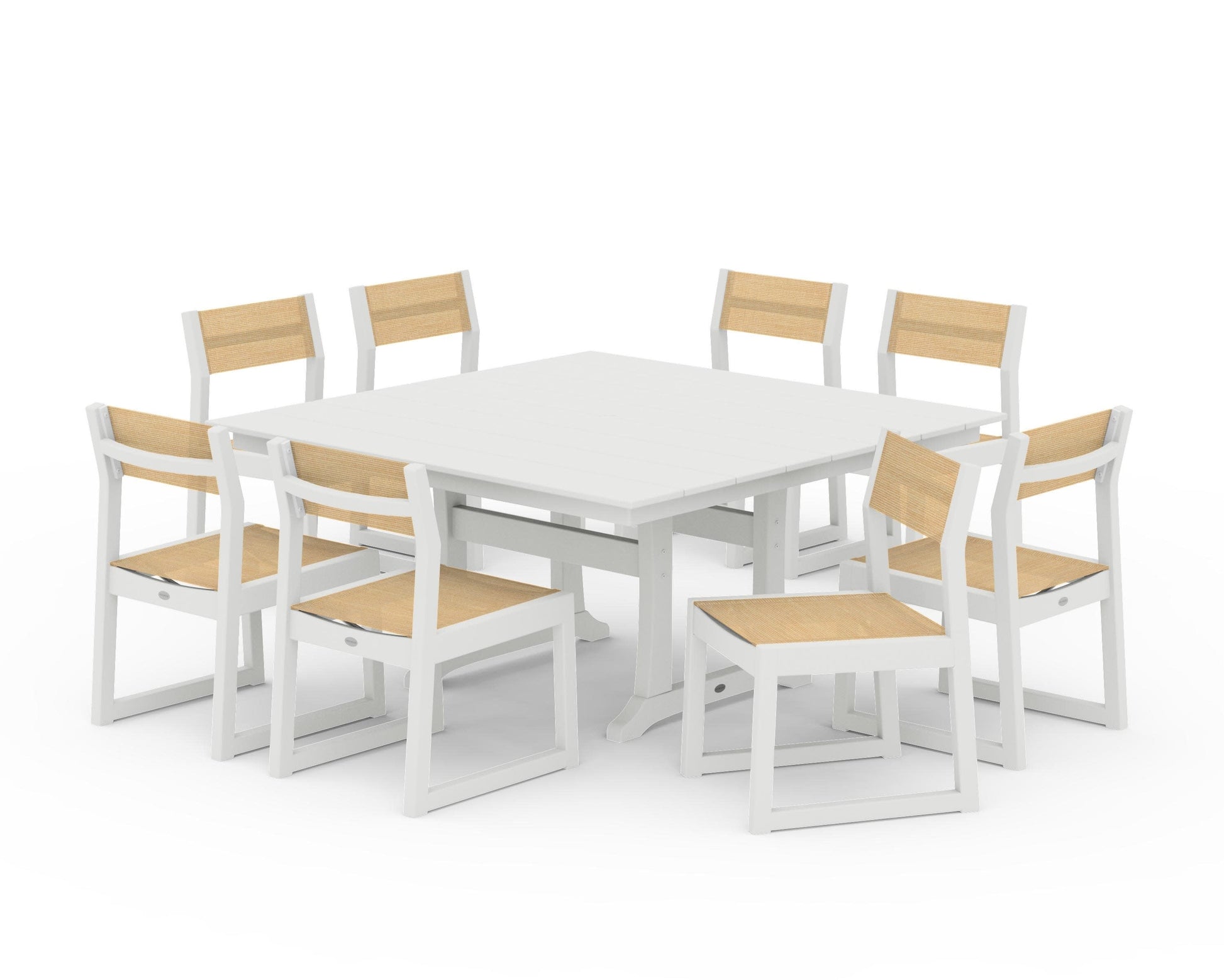 POLYWOOD EDGE Sling Side Chair 9-Piece Farmhouse Trestle Dining Set — Vintage White / Dupioni Apricot Sling