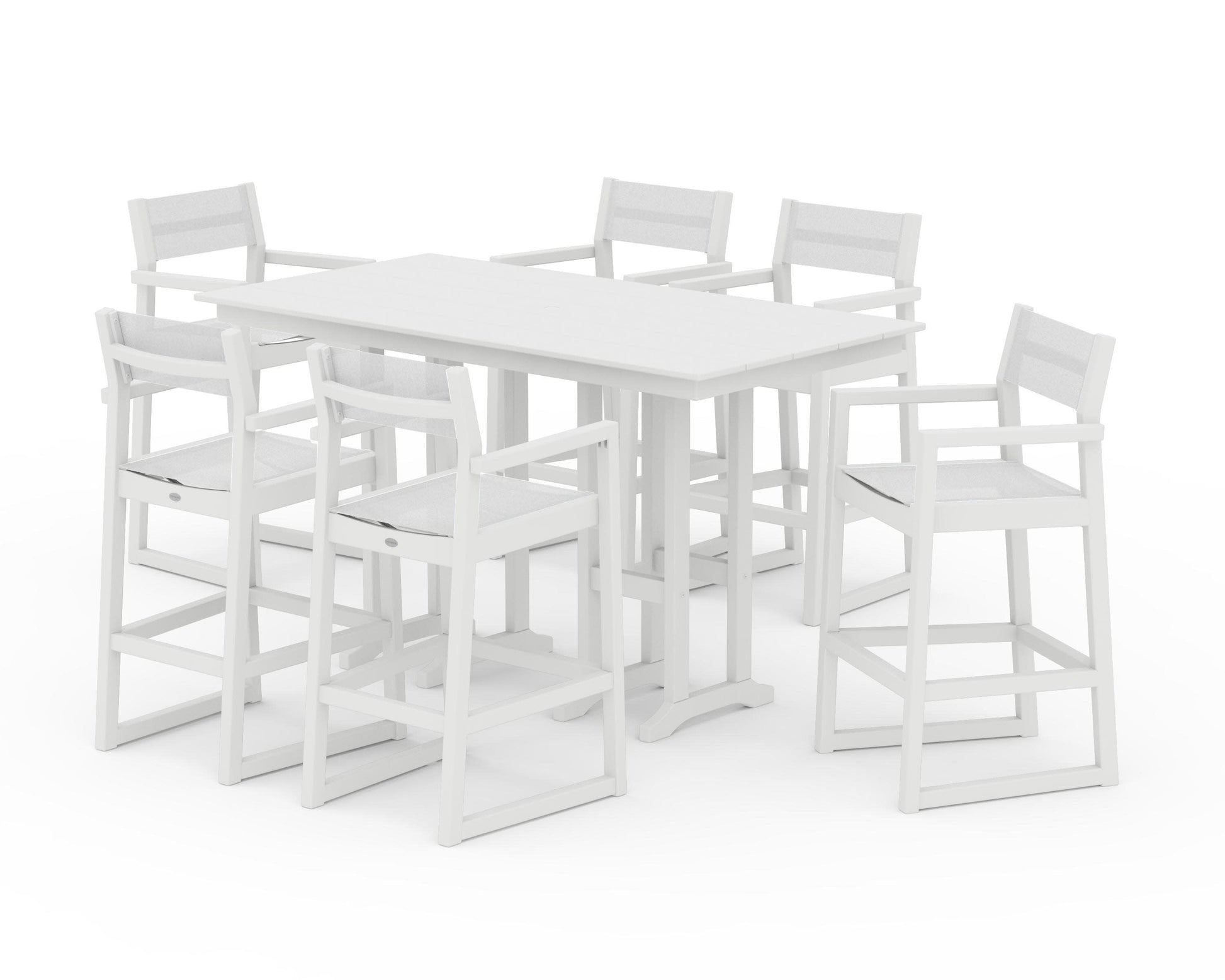 POLYWOOD EDGE Sling Arm Chair 7-Piece Farmhouse Bar Set — White / White Sling
