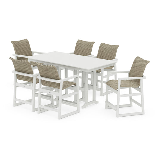 POLYWOOD EDGE Woven Arm Chair 7-Piece Farmhouse Counter Set — Vintage White / Dune Grass