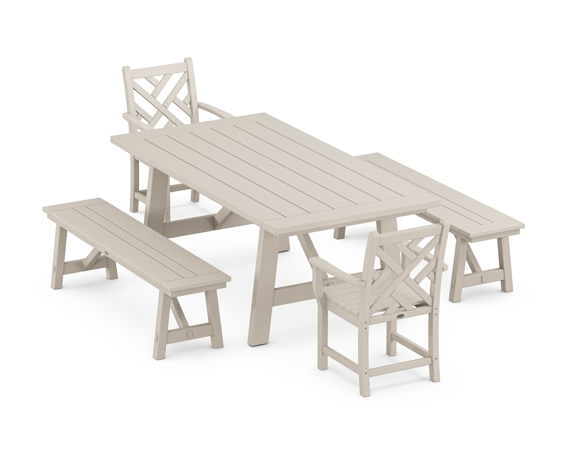 POLYWOOD Chippendale 5-Piece Rustic Farmhouse Dining Set With Benches — Sand