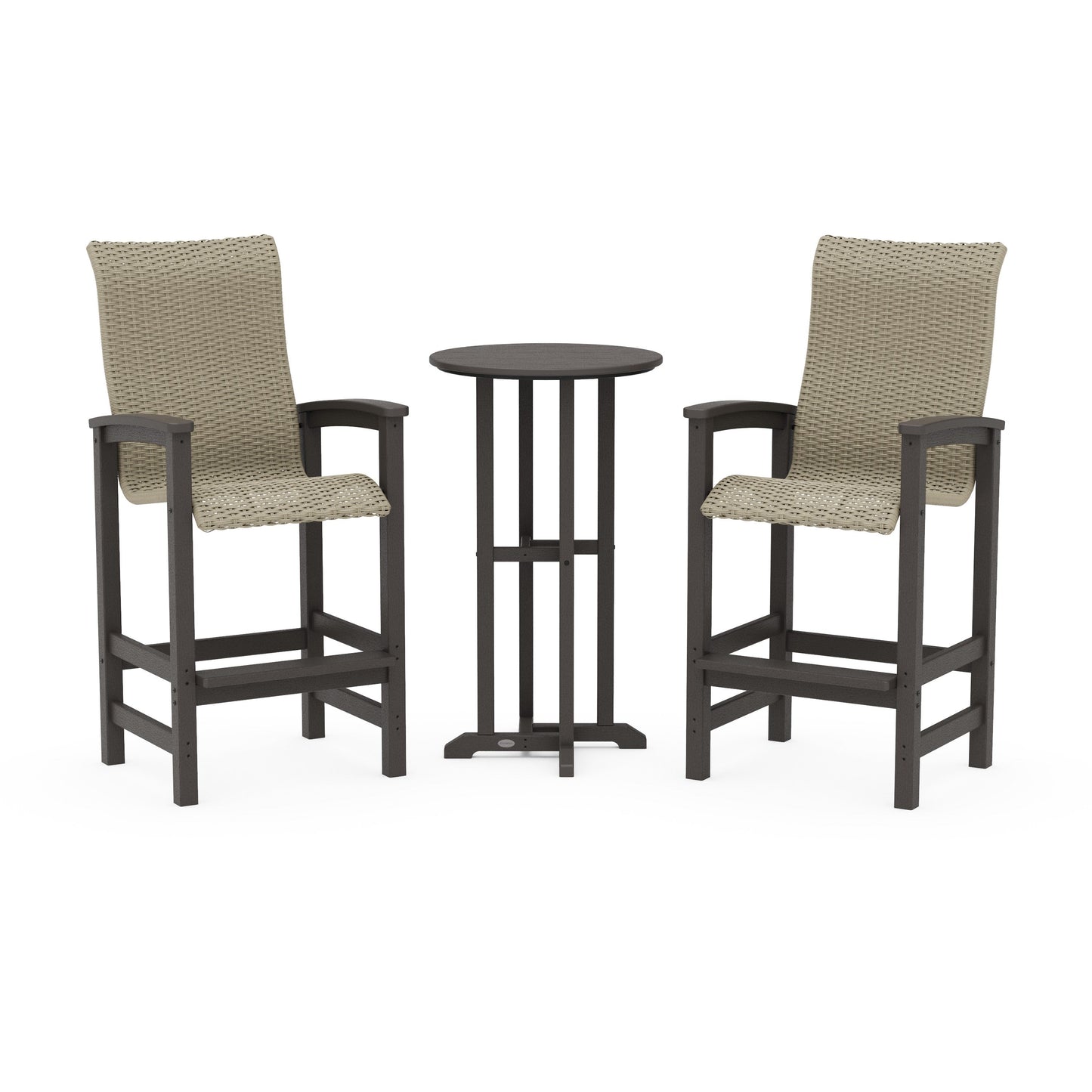 POLYWOOD Coastal Woven High-Back 3-Piece Farmhouse Bar Set — Vintage Coffee / Dune Grass