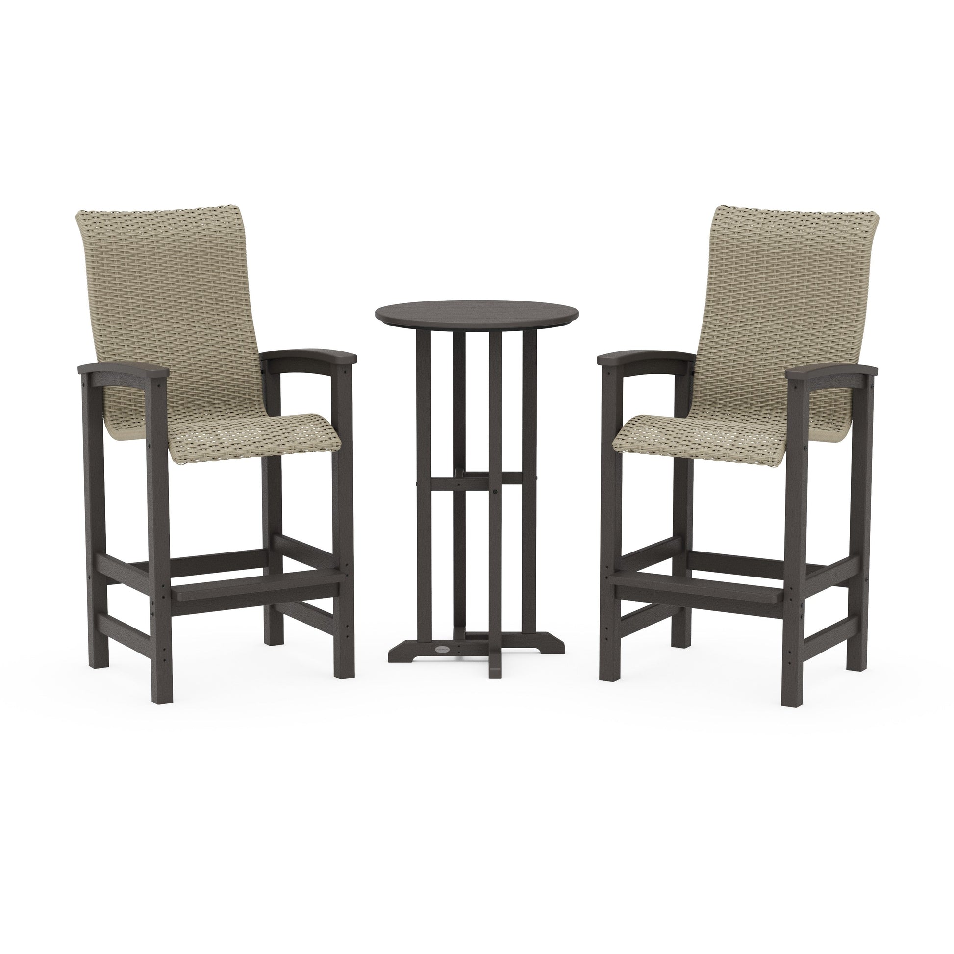 POLYWOOD Coastal Woven High-Back 3-Piece Farmhouse Bar Set — Vintage Coffee / Dune Grass