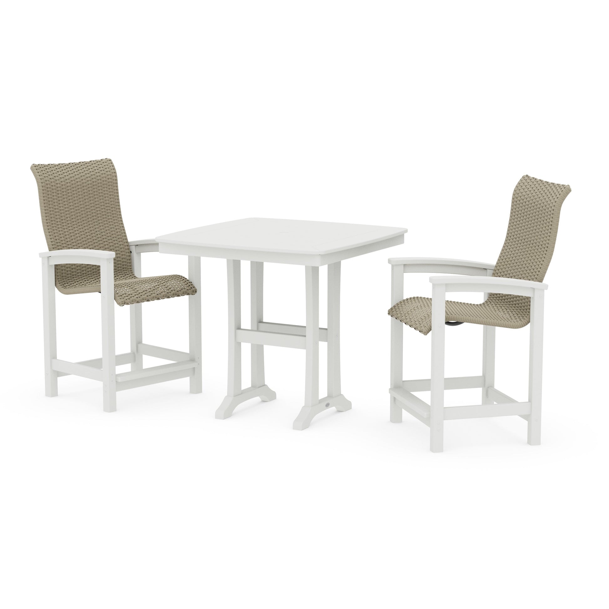 POLYWOOD Coastal Woven High-Back 3-Piece Counter Set with Trestle Legs — Vintage White / Dune Grass