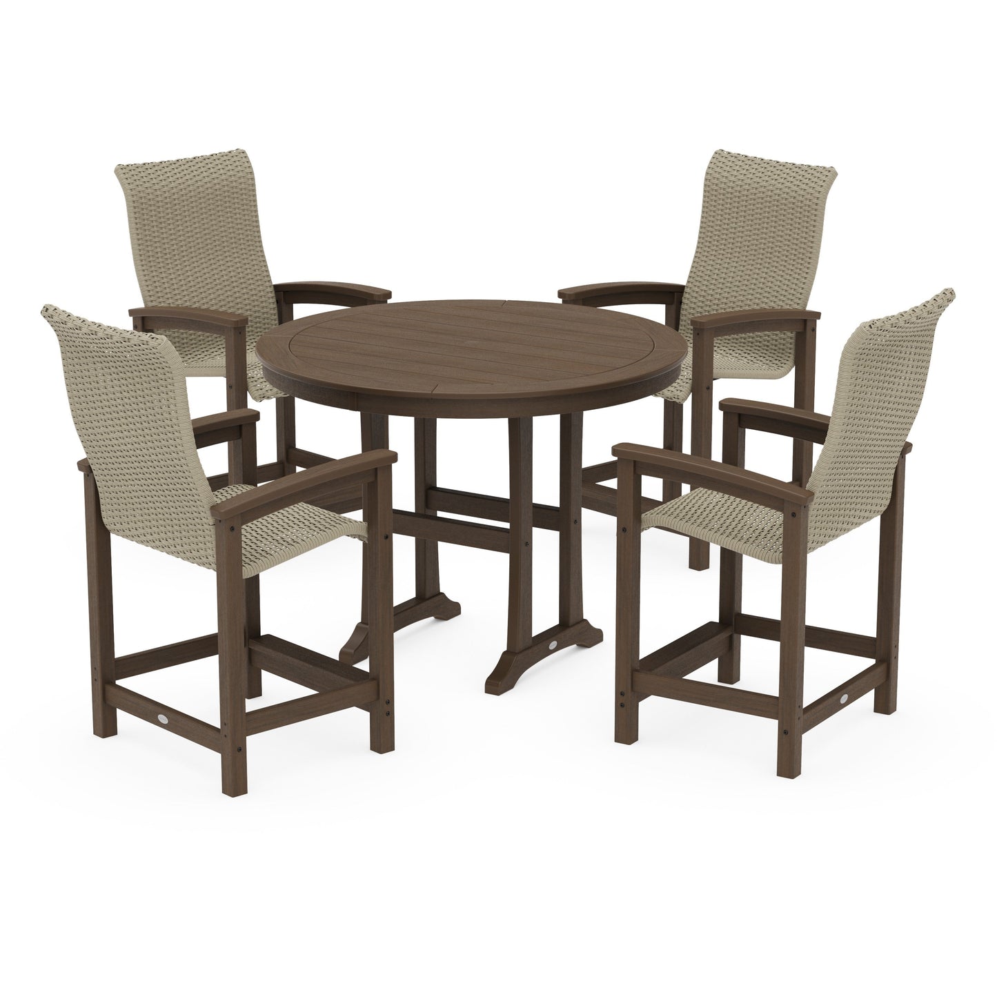 POLYWOOD Coastal Woven High-Back 5-Piece Round Counter Set — Kona / Dune Grass