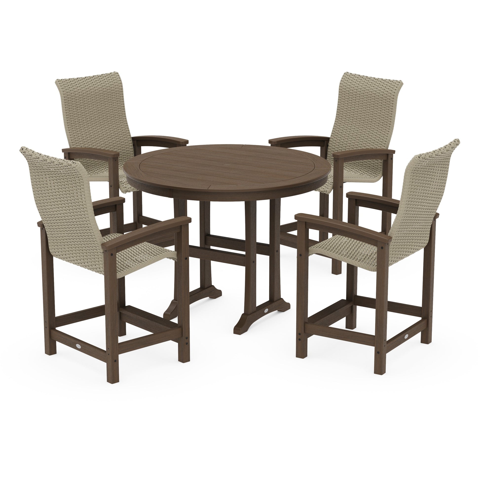 POLYWOOD Coastal Woven High-Back 5-Piece Round Counter Set — Kona / Dune Grass