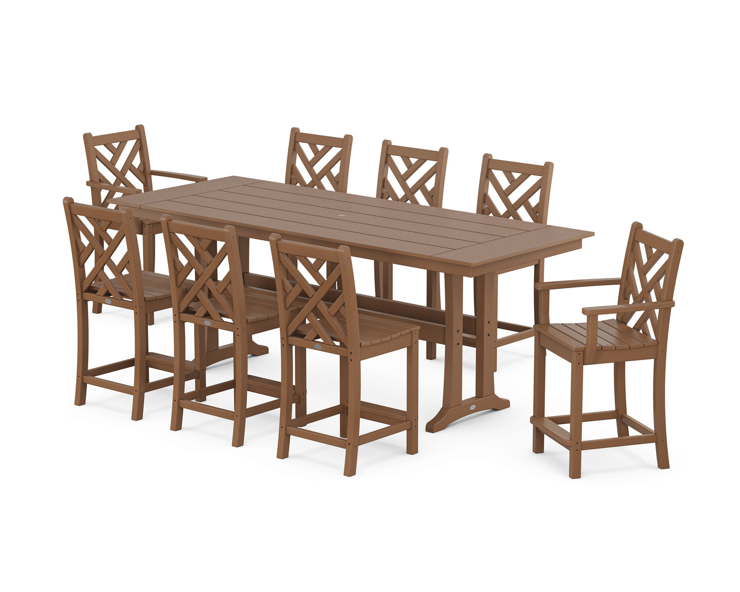 POLYWOOD Chippendale 9-Piece Farmhouse Counter Set with Trestle Legs — Teak