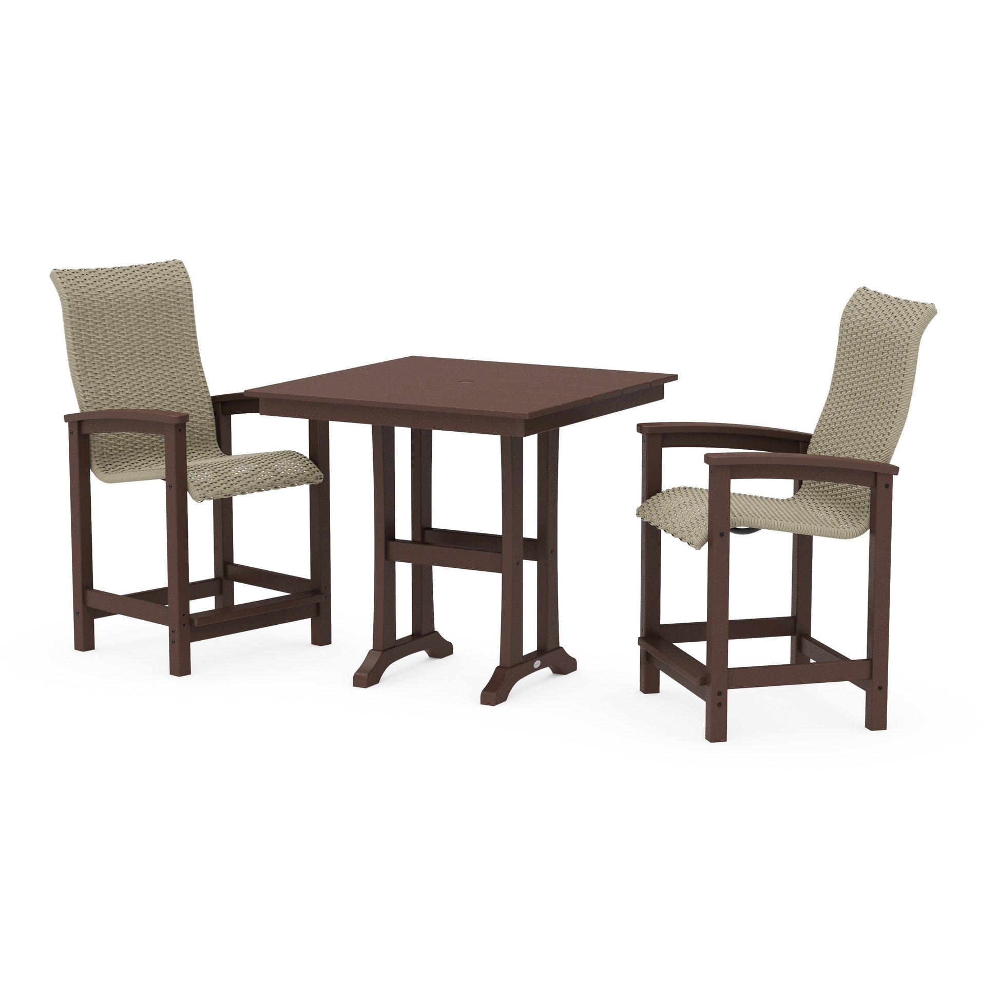 POLYWOOD Coastal Woven High-Back 3-Piece Farmhouse Counter Set with Trestle Legs — Mahogany / Dune Grass
