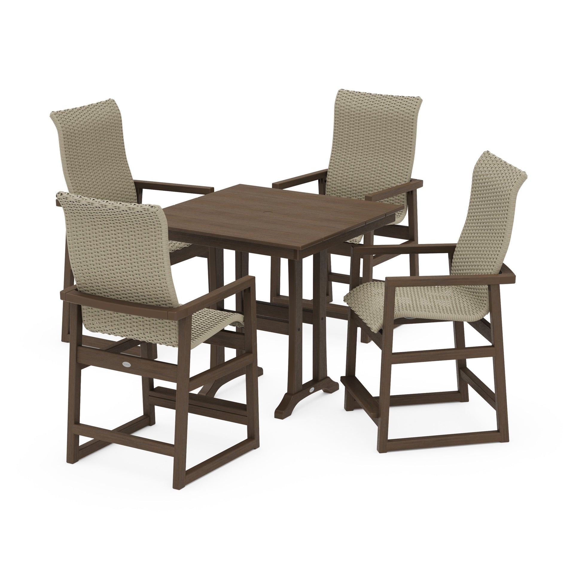 POLYWOOD EDGE Woven Highback 5-Piece Farmhouse Counter Set with Trestle Legs — Kona / Dune Grass