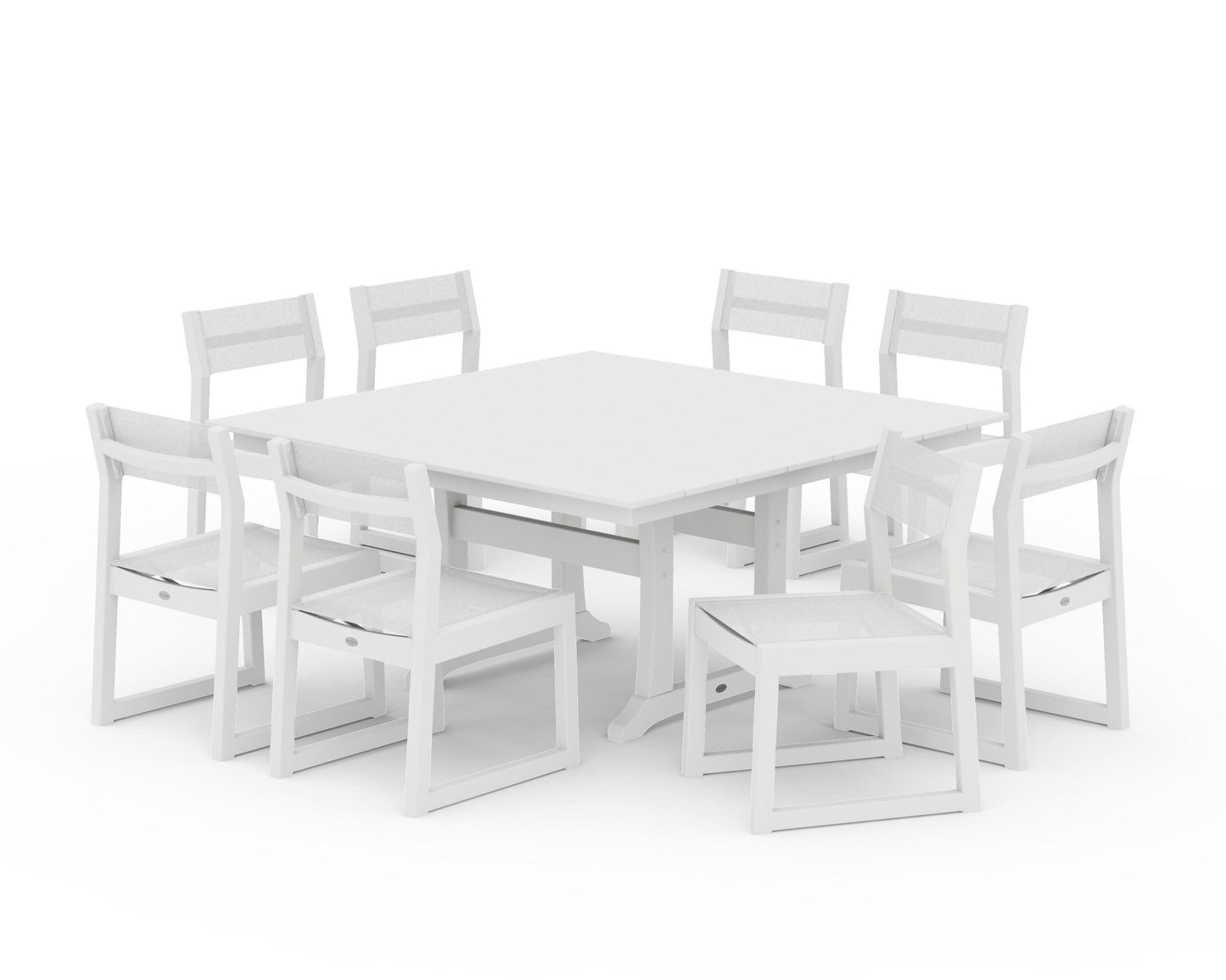 POLYWOOD EDGE Sling Side Chair 9-Piece Farmhouse Trestle Dining Set — White / White Sling