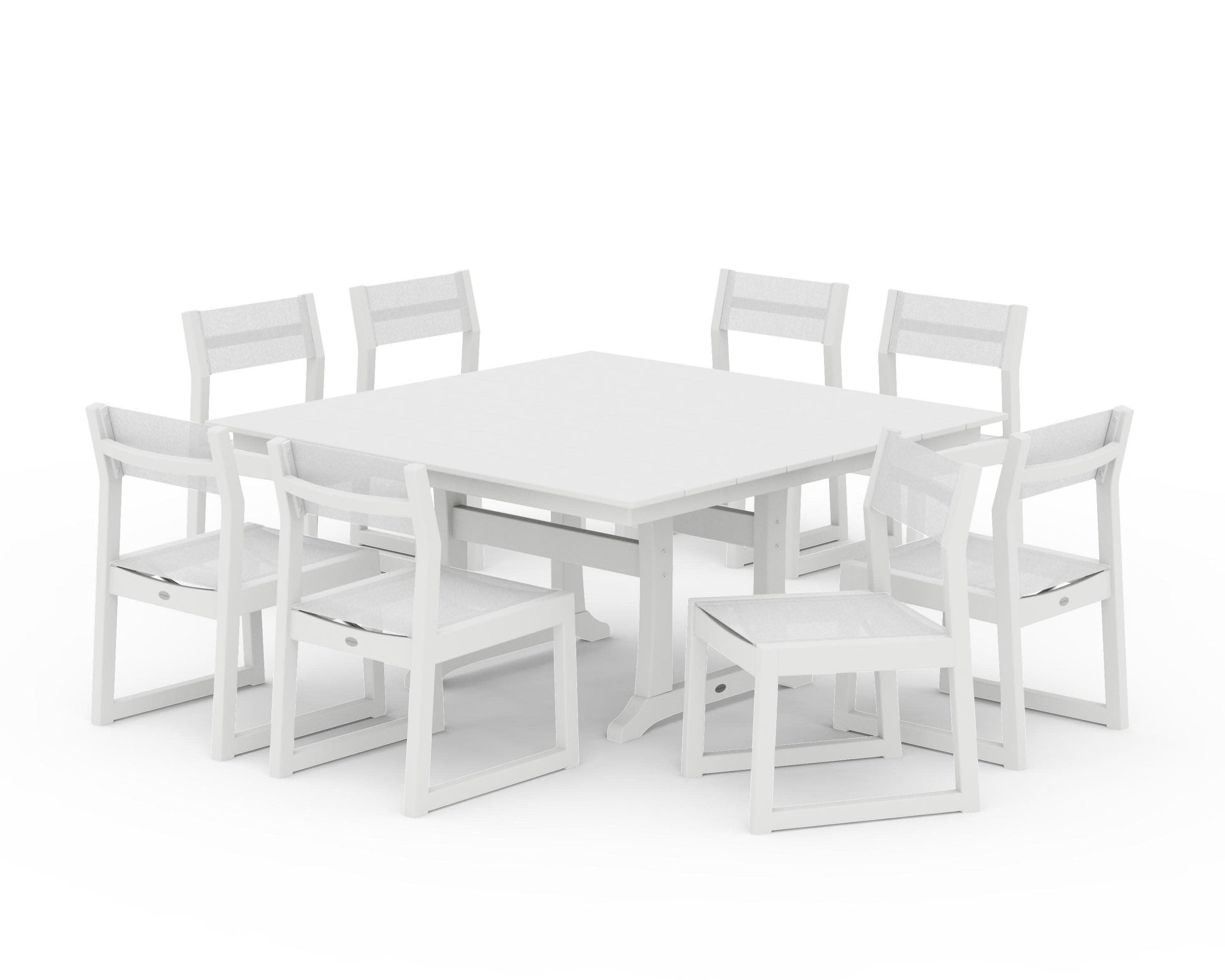 POLYWOOD EDGE Sling Side Chair 9-Piece Farmhouse Trestle Dining Set — White / White Sling