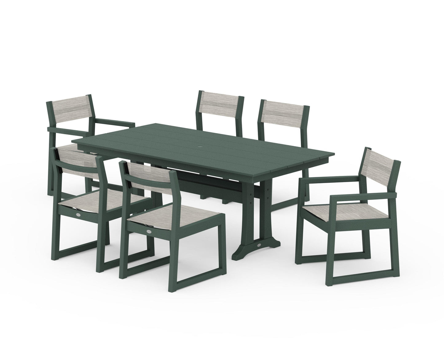 POLYWOOD EDGE Sling 7-Piece Farmhouse Trestle Dining Set — Green / Birch Sling