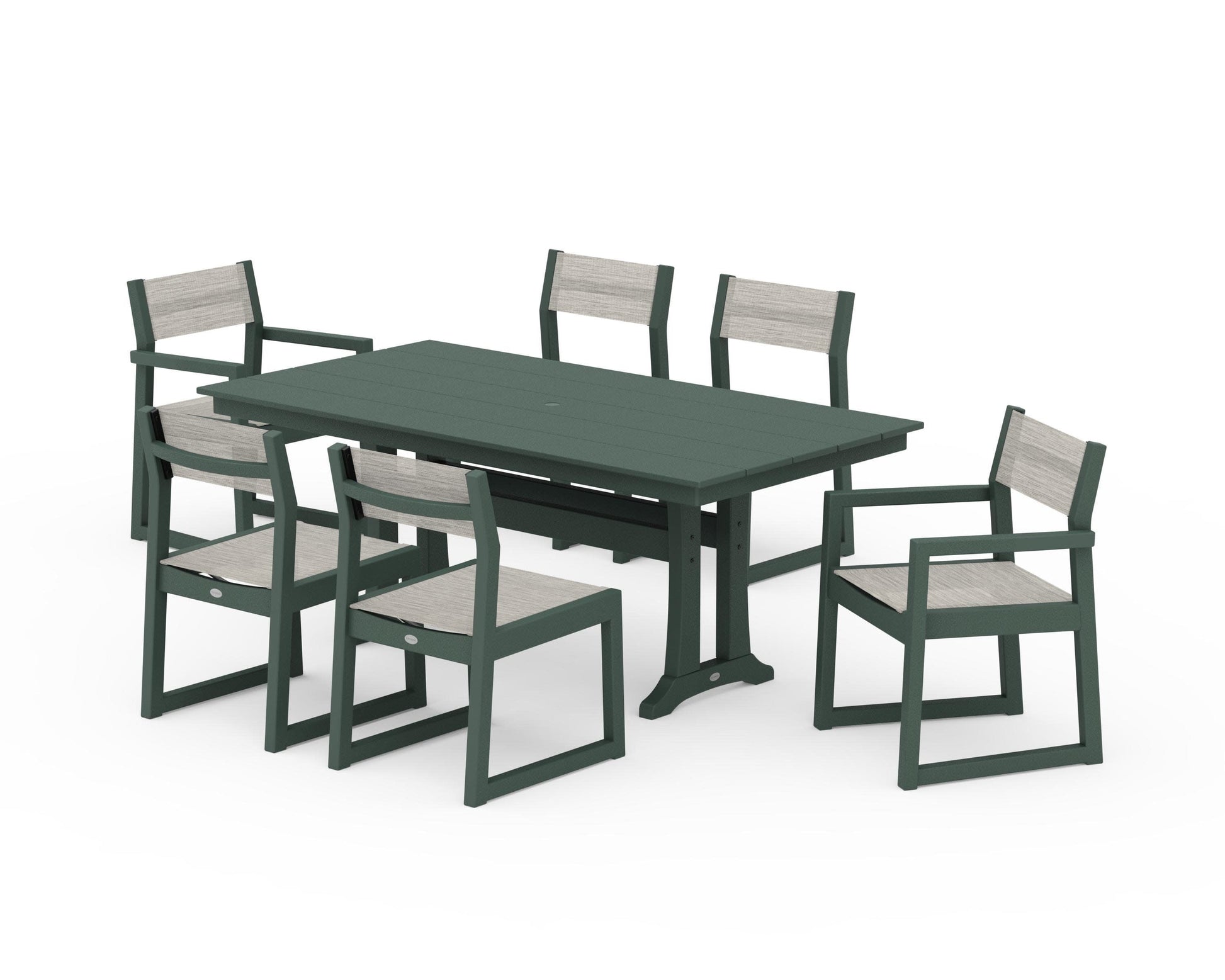 POLYWOOD EDGE Sling 7-Piece Farmhouse Trestle Dining Set — Green / Birch Sling