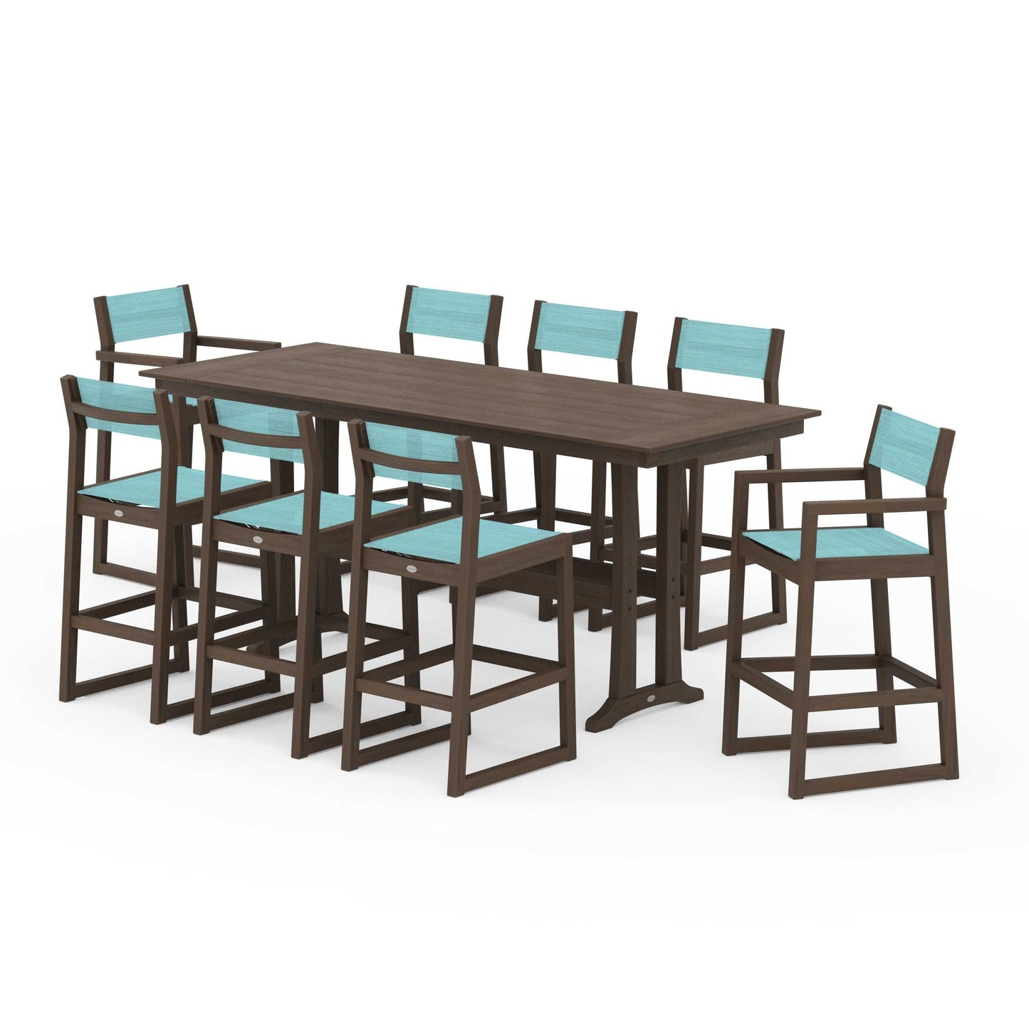POLYWOOD EDGE Sling 9-Piece Farmhouse Bar Set with Trestle Legs — Kona / Dupioni Aquamarine Sling