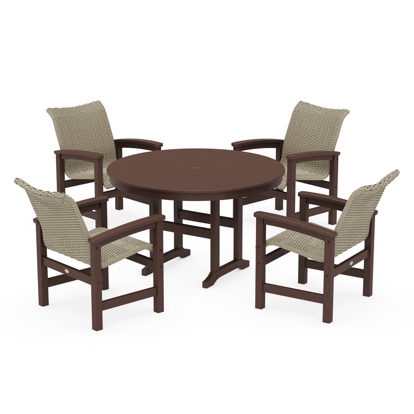 POLYWOOD Coastal Woven 5-Piece Round Farmhouse Dining Set — Mahogany / Dune Grass
