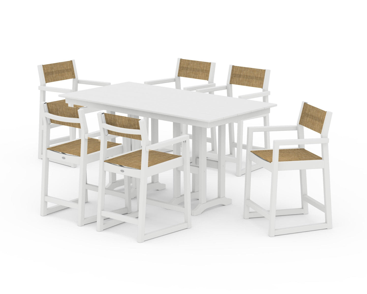POLYWOOD EDGE Sling Arm Chair 7-Piece Farmhouse Counter Set — White / Burlap Sling