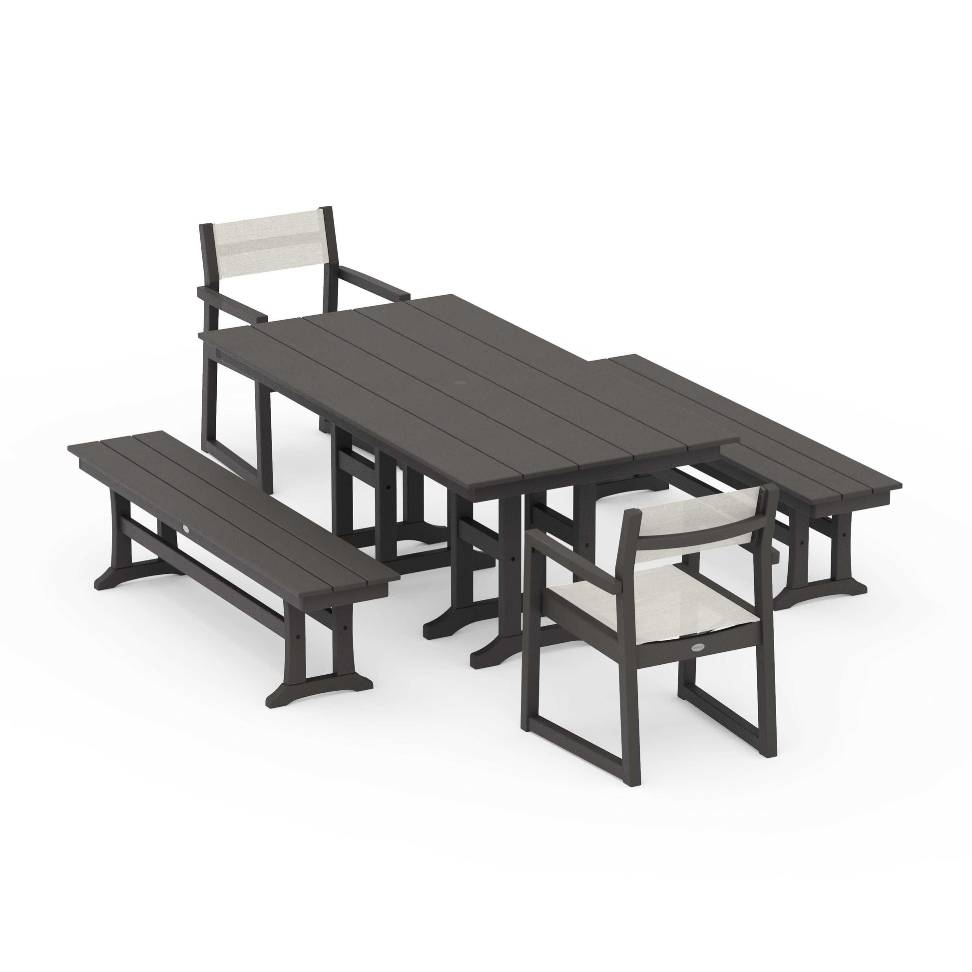 POLYWOOD EDGE Sling Arm Chair 5-Piece Farmhouse Dining Set with Benches — Vintage Coffee / Parchment Sling