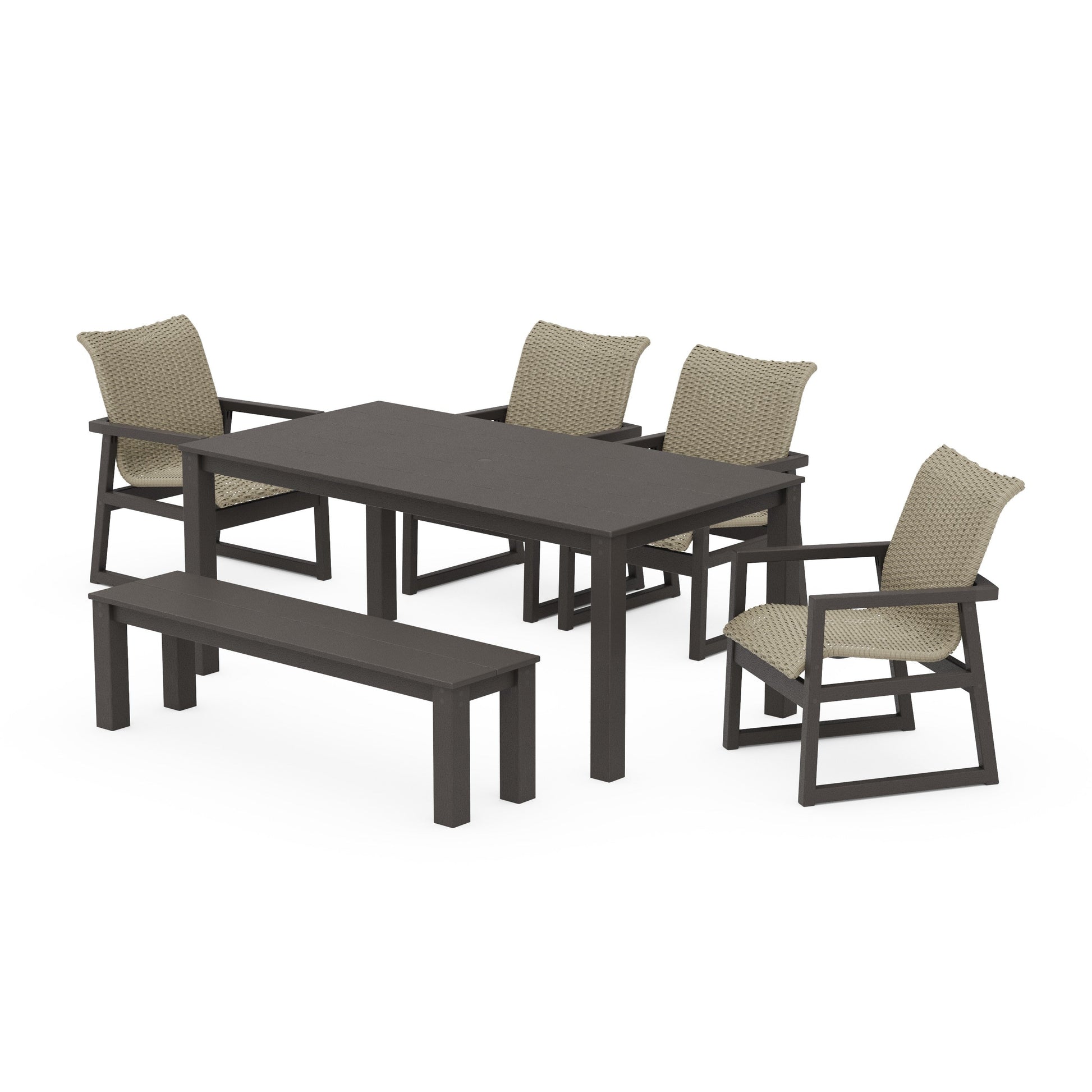 POLYWOOD EDGE Woven 6-Piece Parsons Dining Set with Bench — Vintage Coffee / Dune Grass