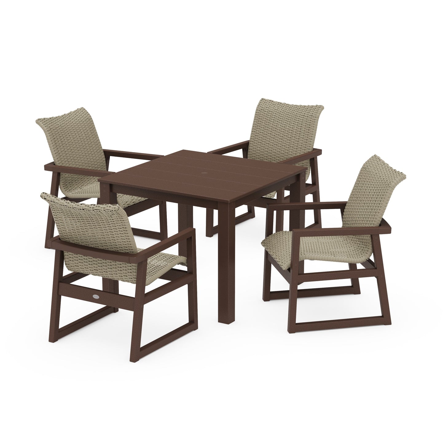 POLYWOOD EDGE Woven 5-Piece Parsons Dining Set — Mahogany / Dune Grass