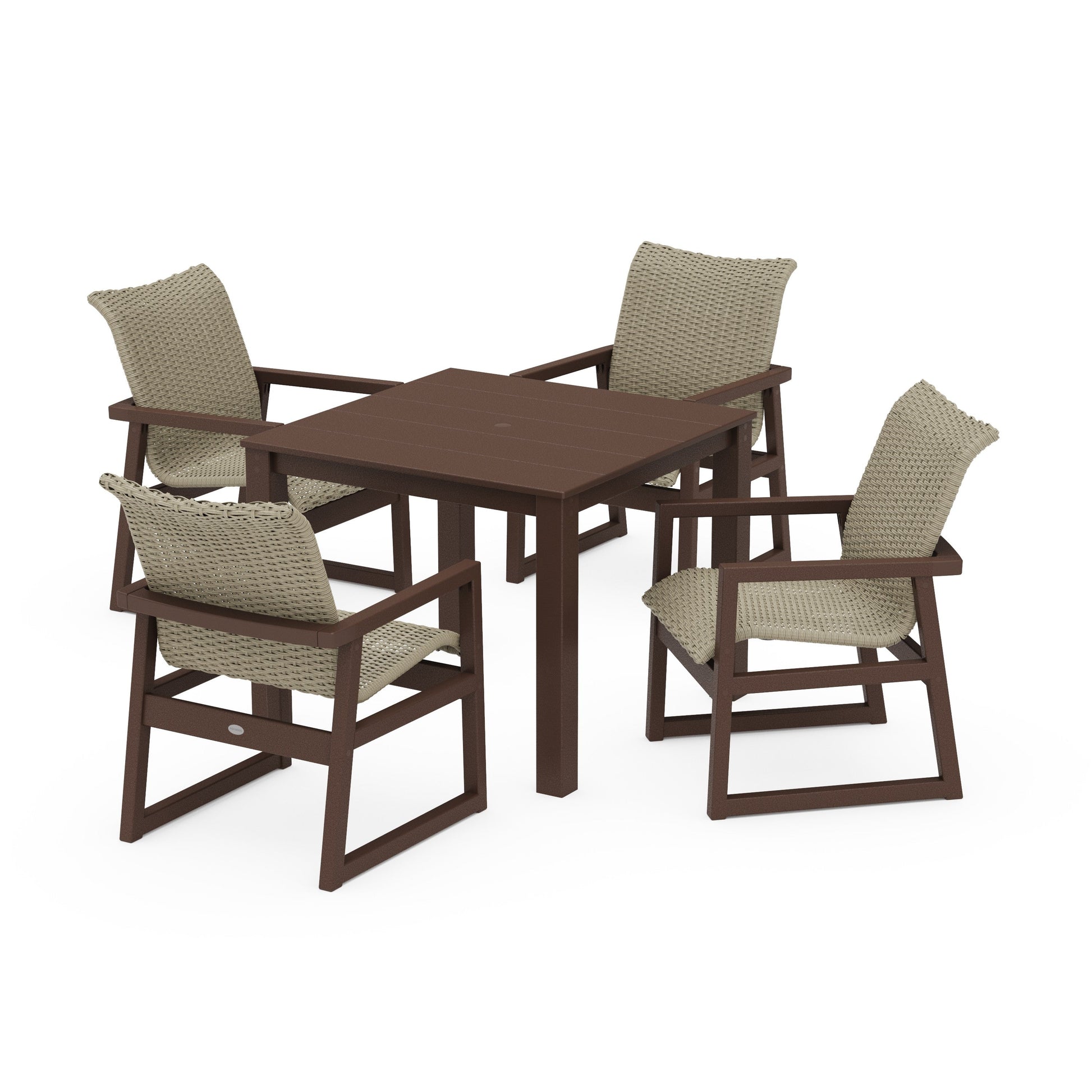 POLYWOOD EDGE Woven 5-Piece Parsons Dining Set — Mahogany / Dune Grass
