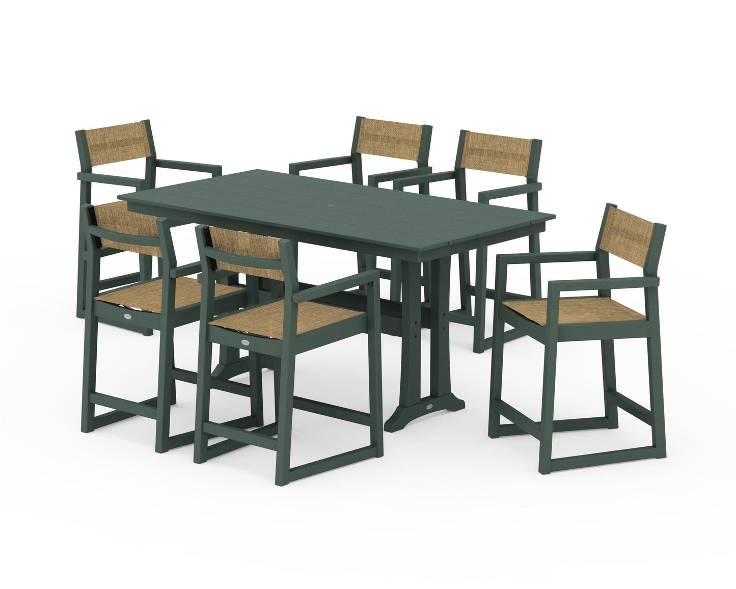 POLYWOOD EDGE Sling Arm Chair 7-Piece Farmhouse Counter Set with Trestle Legs — Green / Burlap Sling