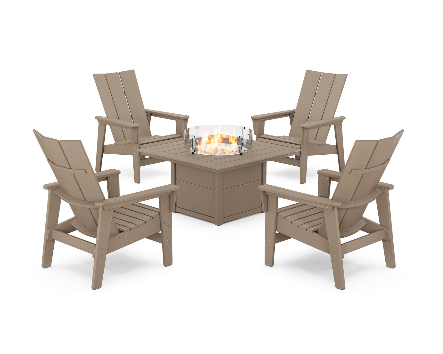 POLYWOOD 5-Piece Modern Grand Upright Adirondack Conversation Set with Fire Pit Table — Vintage Sahara