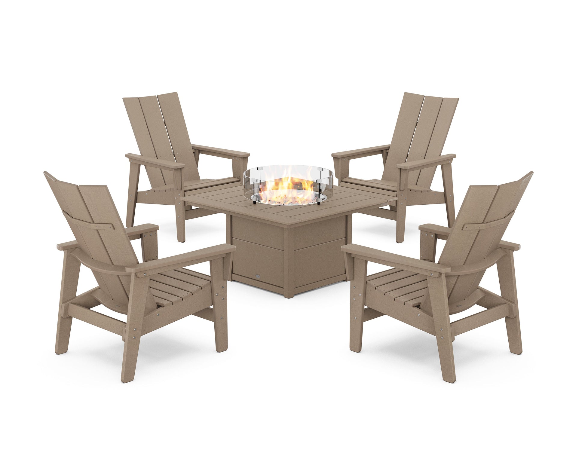 POLYWOOD 5-Piece Modern Grand Upright Adirondack Conversation Set with Fire Pit Table — Vintage Sahara