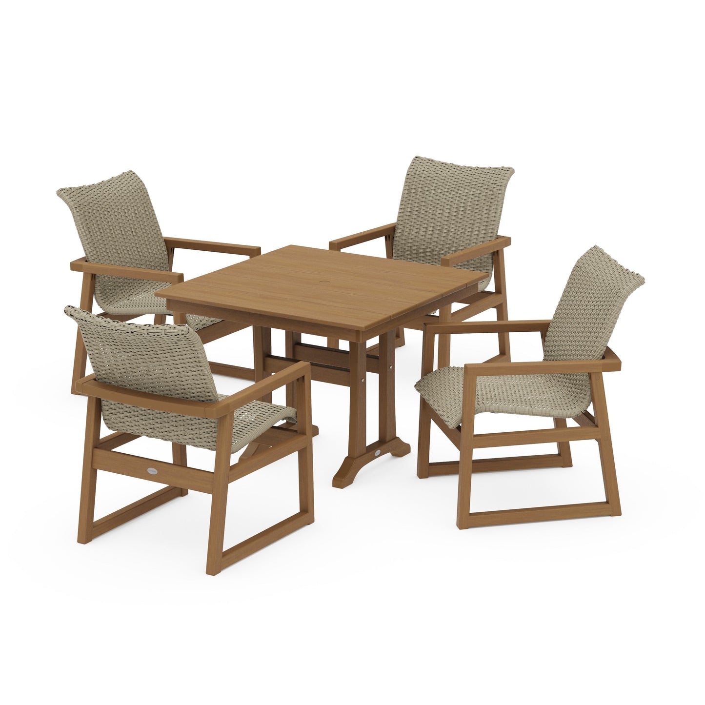 POLYWOOD EDGE Woven 5-Piece Farmhouse Dining Set with Trestle Legs — Natural / Dune Grass