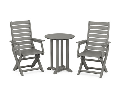 POLYWOOD Captain Folding Chair 3-Piece Round Bistro Dining Set — Slate Grey