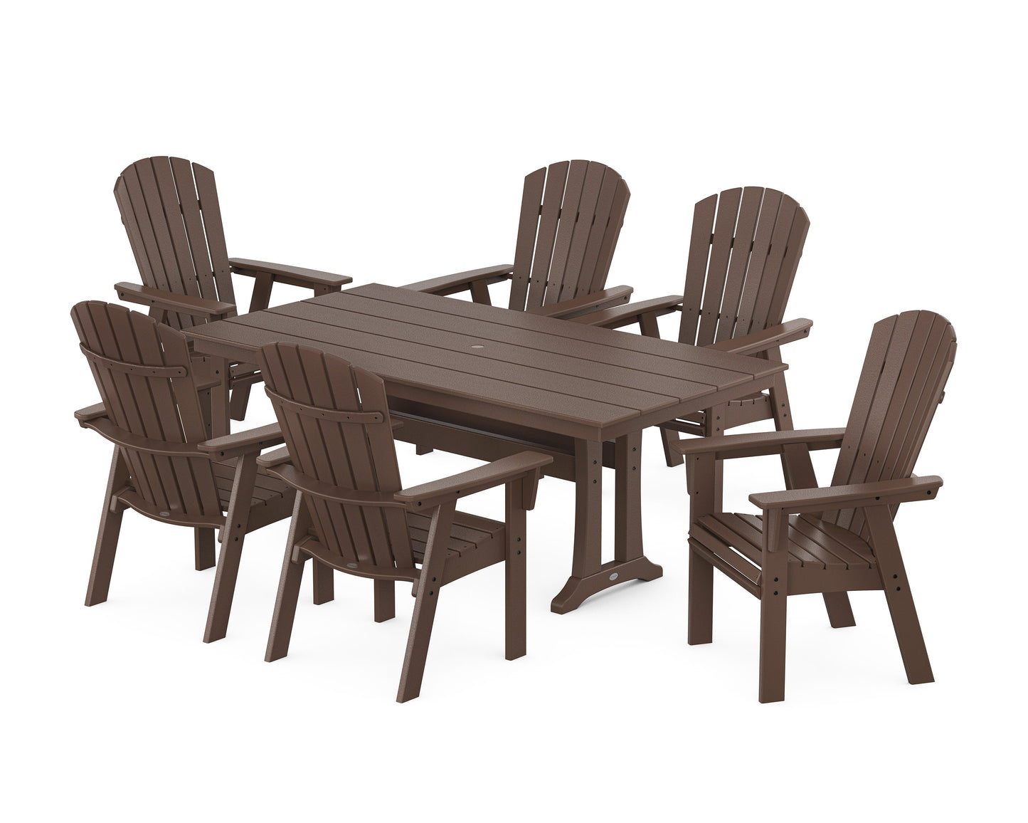 POLYWOOD Nautical Curveback Adirondack 7-Piece Farmhouse Dining Set with Trestle Legs — Mahogany