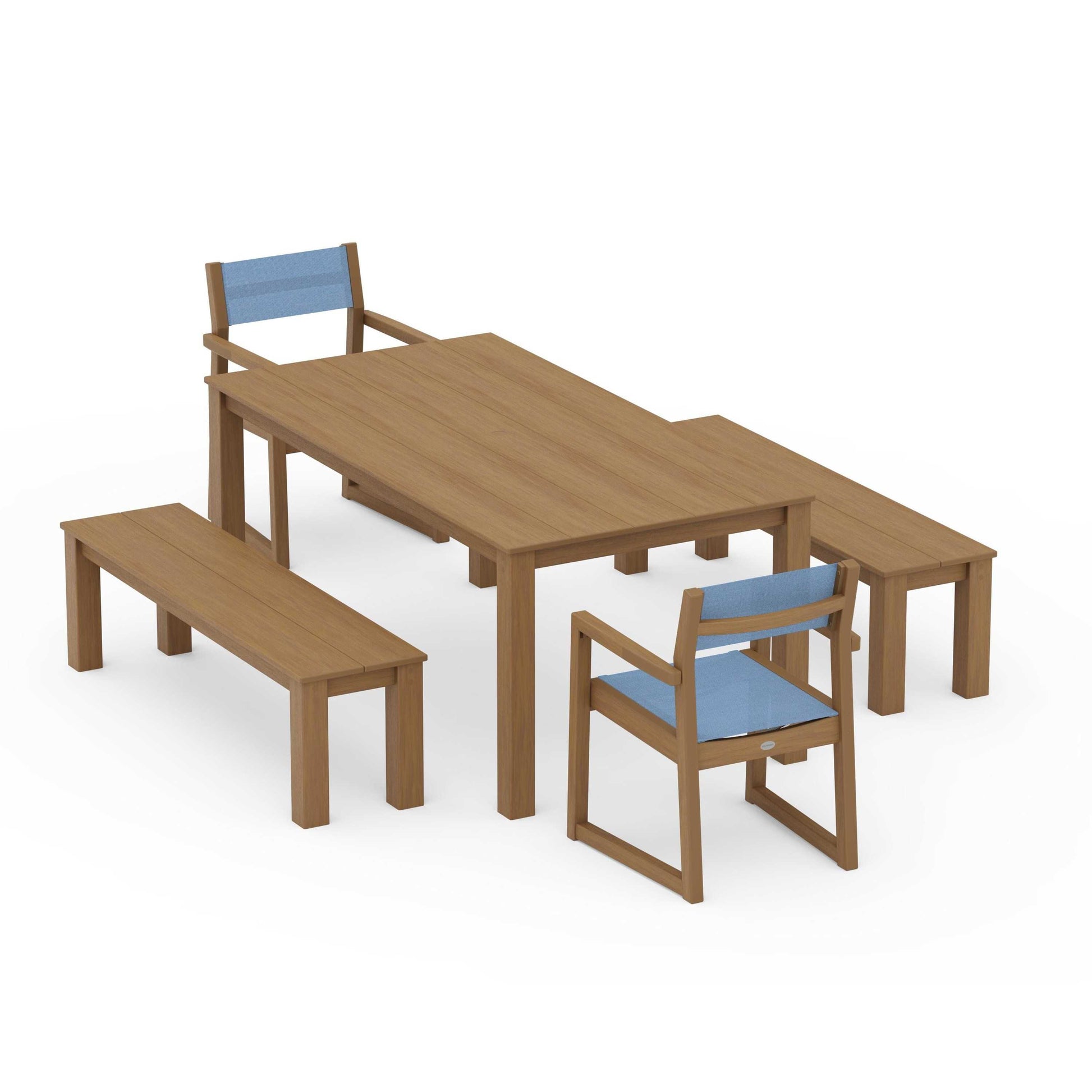 POLYWOOD EDGE Sling Arm Chair 5-Piece Parsons Dining Set with Benches — Natural / Poolside Sling