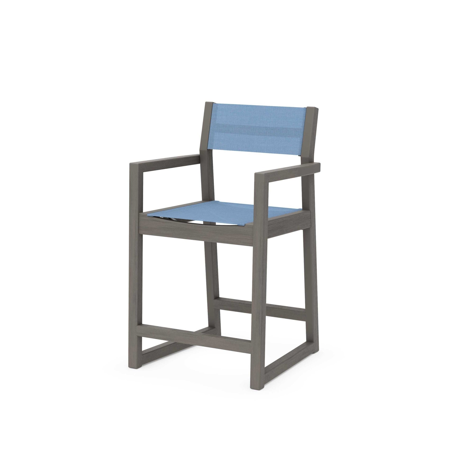 POLYWOOD EDGE Sling Counter Arm Chair — Driftwood / Poolside Sling