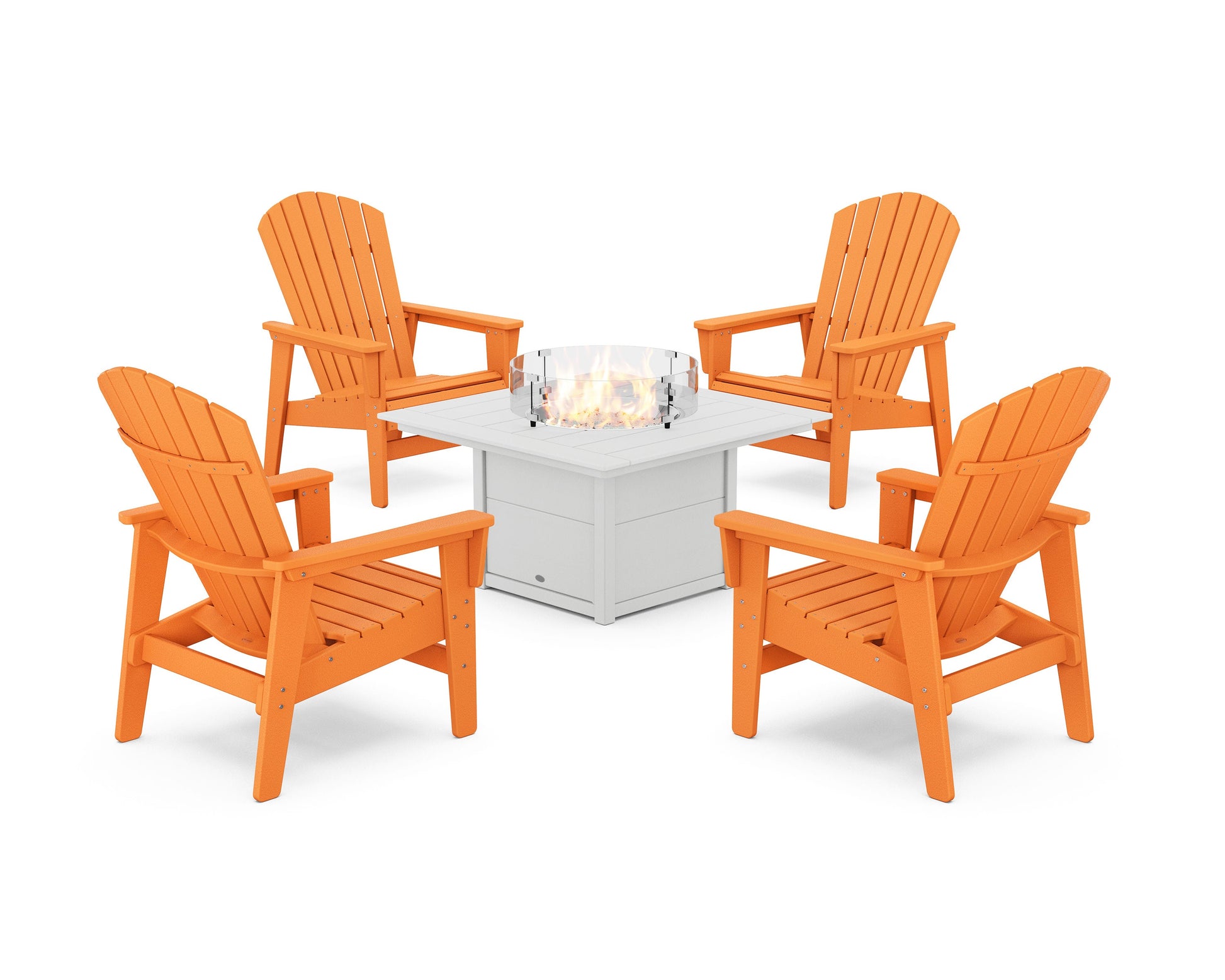 POLYWOOD 5-Piece Nautical Grand Upright Adirondack Conversation Set with Fire Pit Table — Tangerine / White