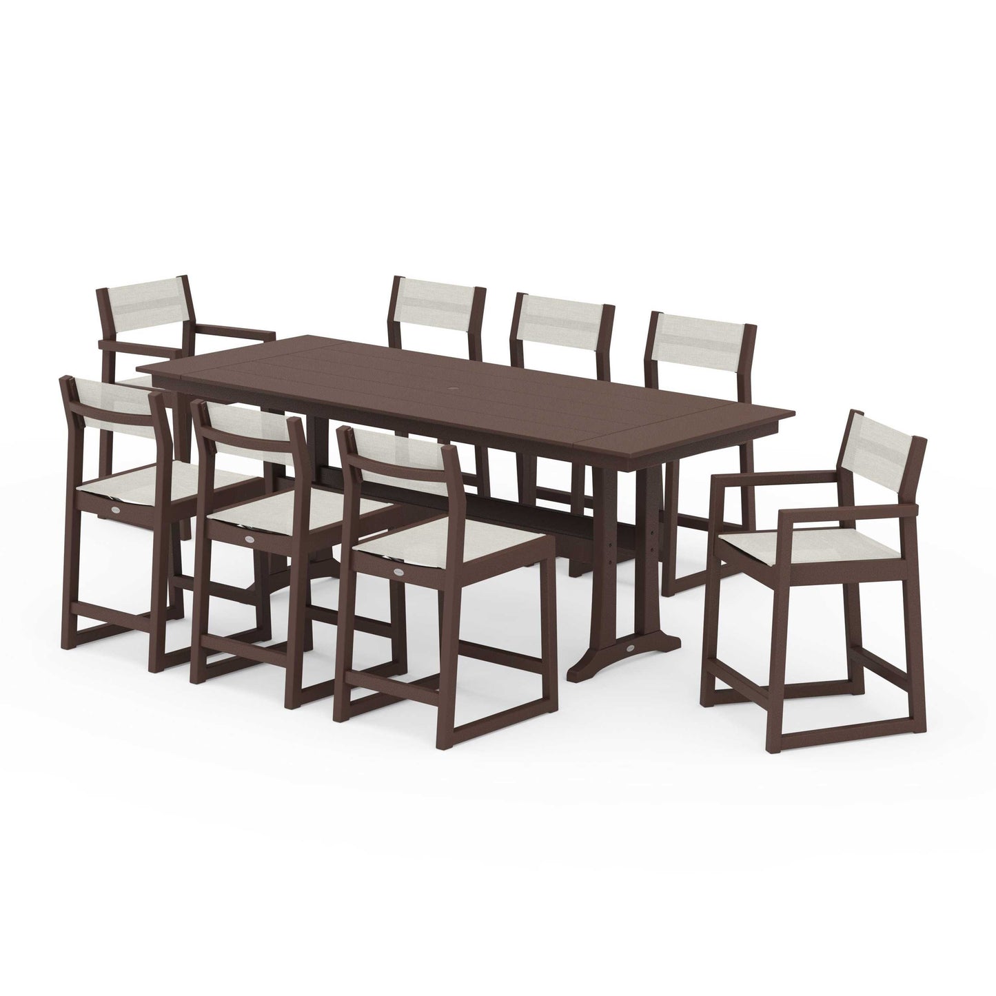 POLYWOOD EDGE Sling 9-Piece Farmhouse Counter Set with Trestle Legs — Mahogany / Parchment Sling