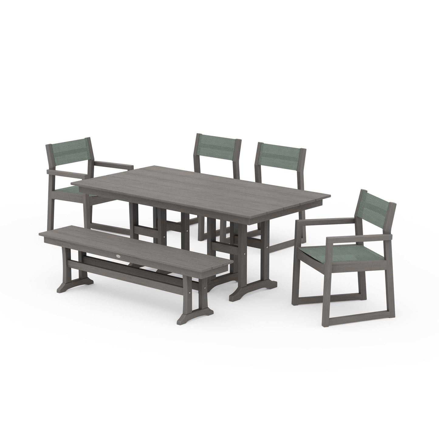 POLYWOOD EDGE Sling 6-Piece Farmhouse Dining Set — Driftwood / Dupioni Sea Mist Sling