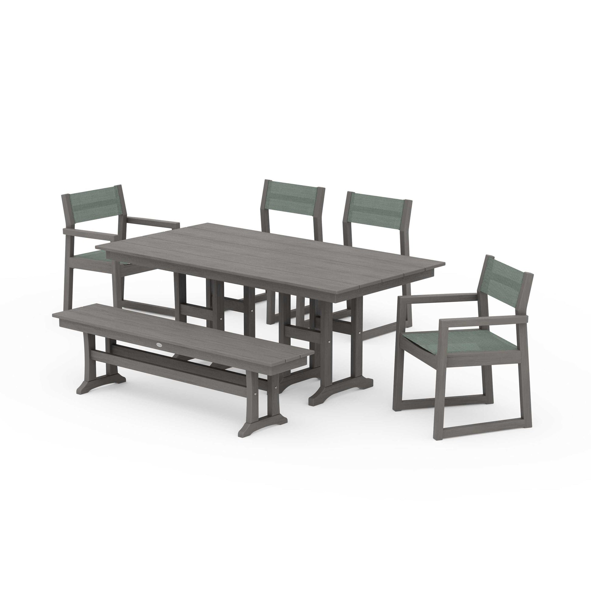 POLYWOOD EDGE Sling 6-Piece Farmhouse Dining Set — Driftwood / Dupioni Sea Mist Sling