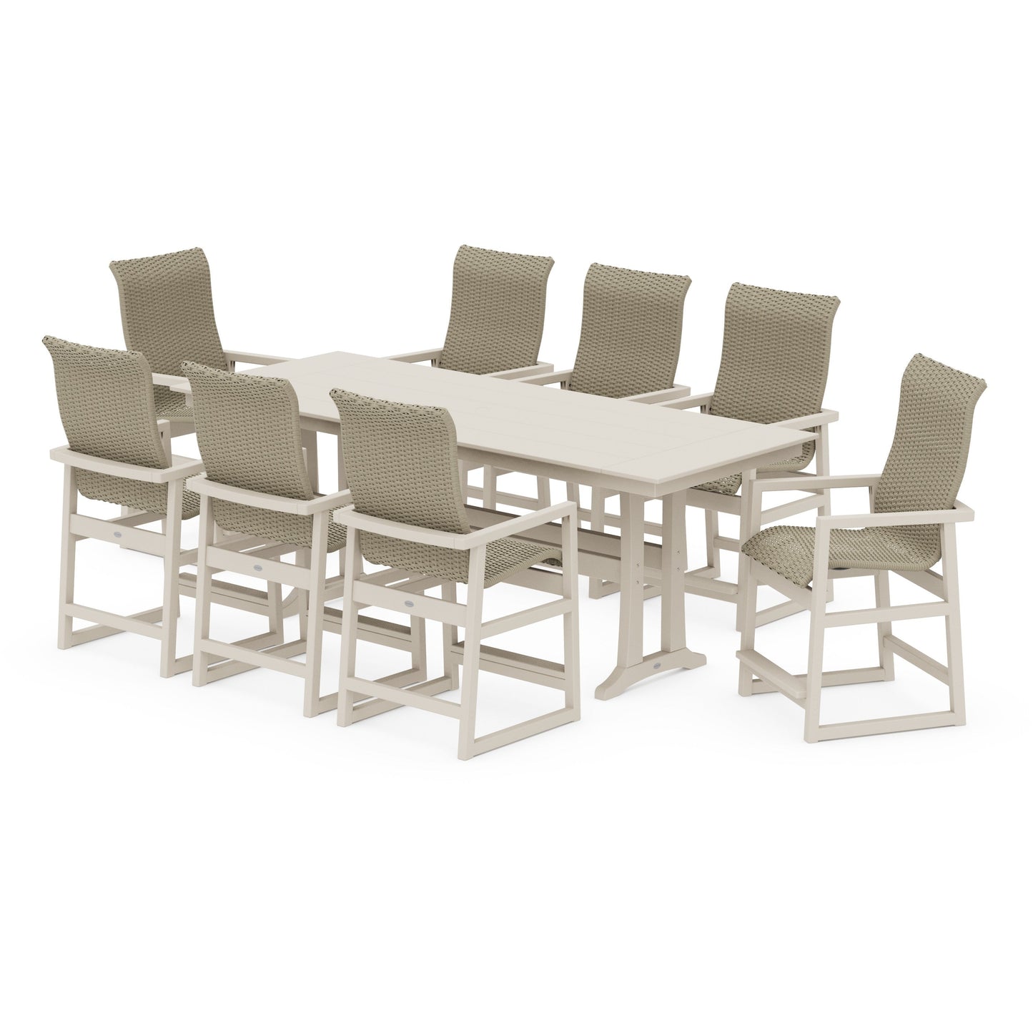 POLYWOOD EDGE Woven Highback 9-Piece Farmhouse Counter Set with Trestle Legs — Sand / Dune Grass