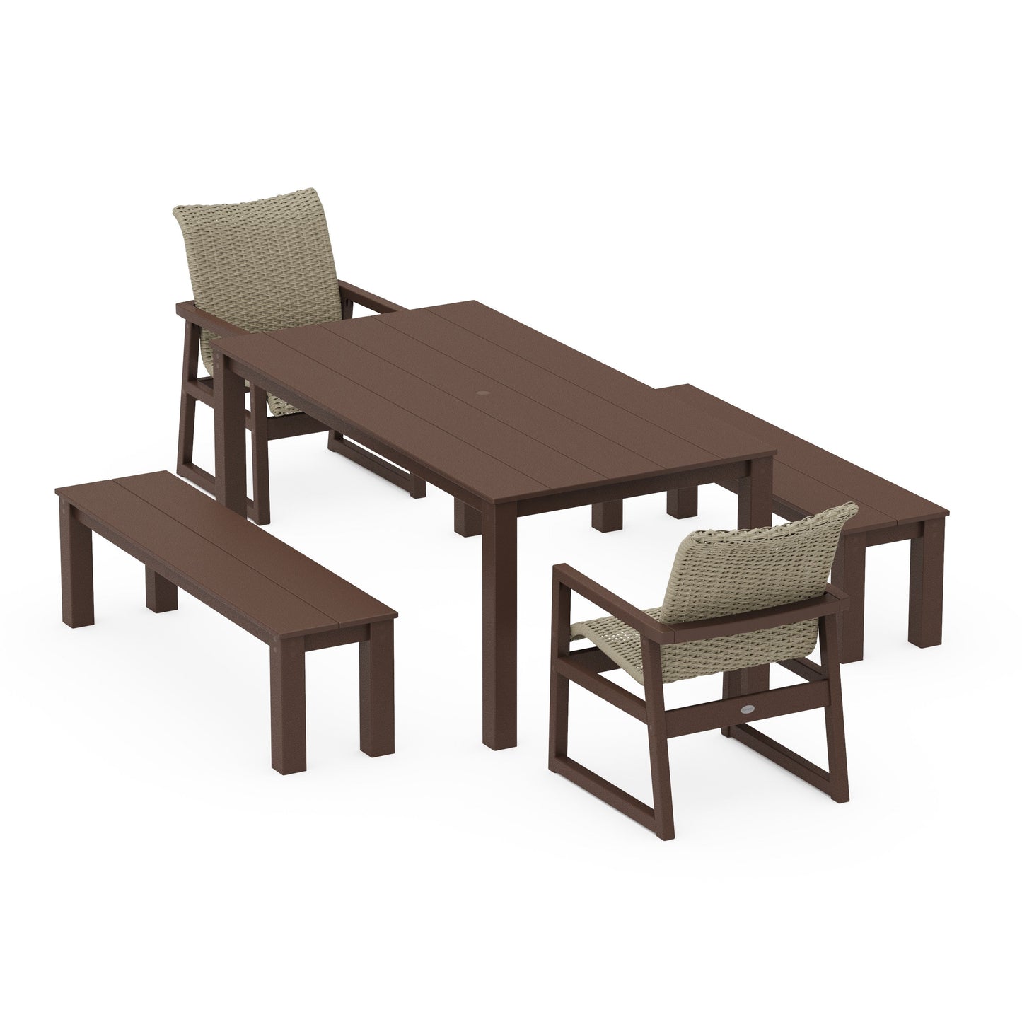 POLYWOOD EDGE Woven 5-Piece Parsons Dining Set with Benches — Mahogany / Dune Grass