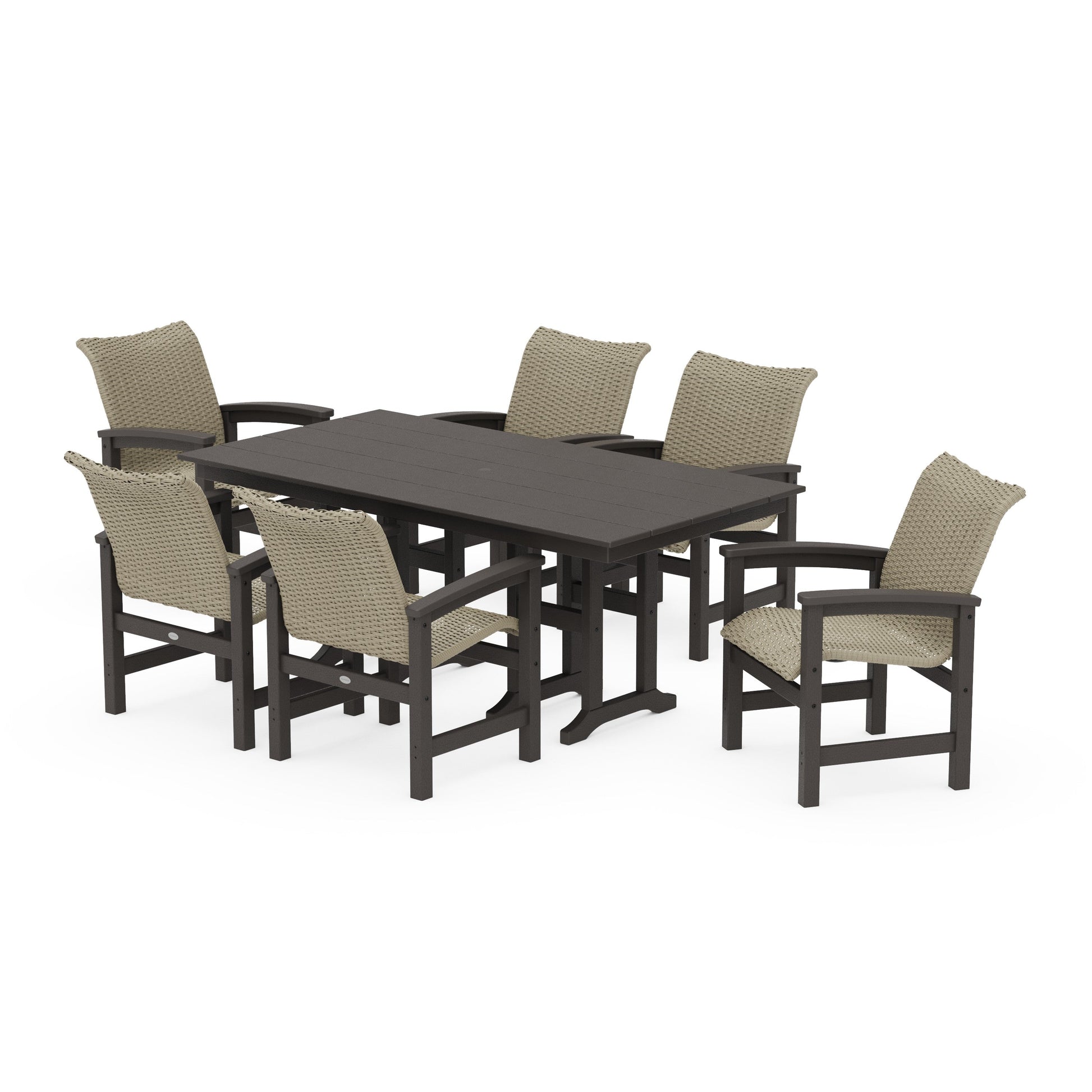 POLYWOOD Coastal Woven Arm Chair 7-Piece Farmhouse Dining Set — Vintage Coffee / Dune Grass