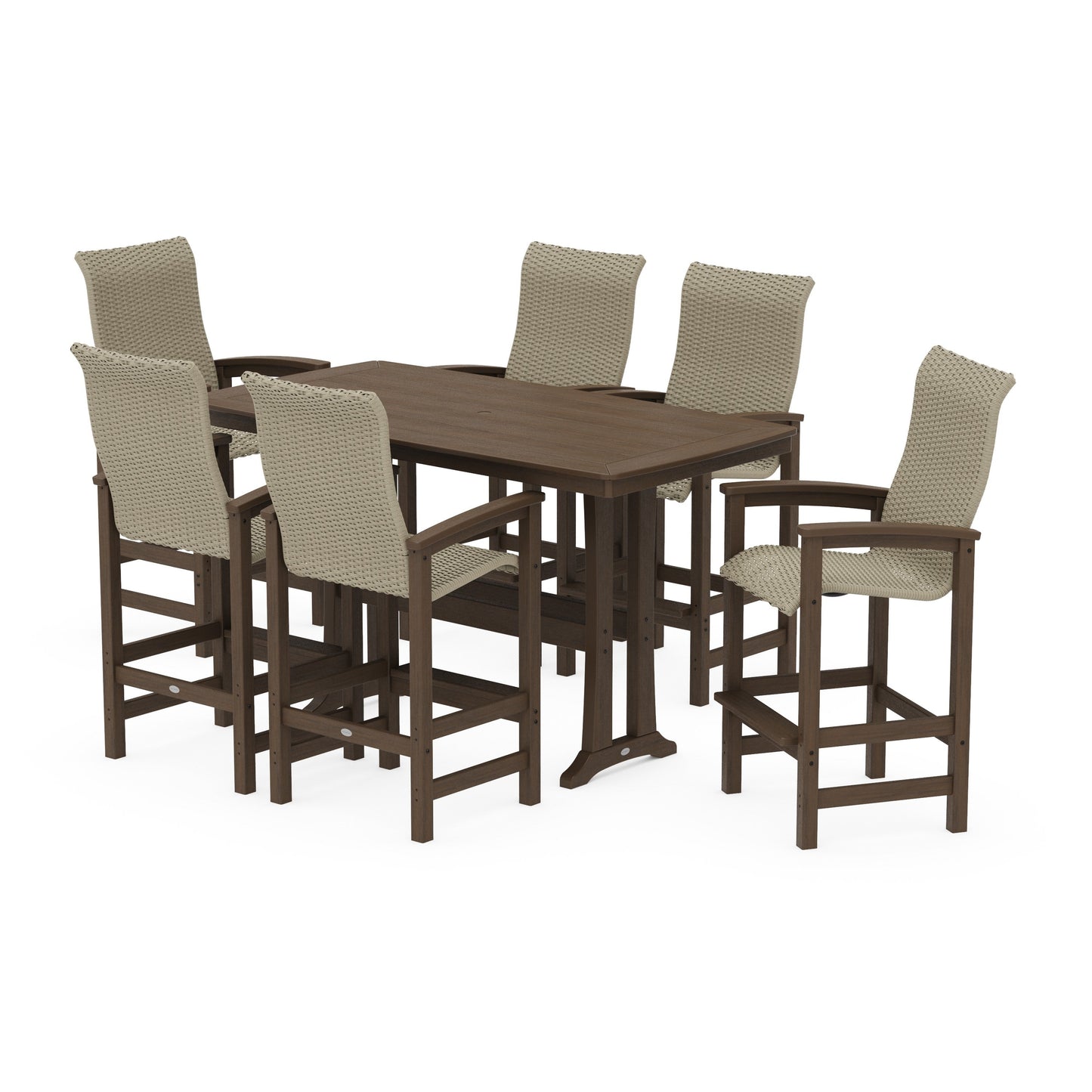 POLYWOOD Coastal Woven High-Back Arm Chair 7-Piece Bar Set with Trestle Legs — Kona / Dune Grass
