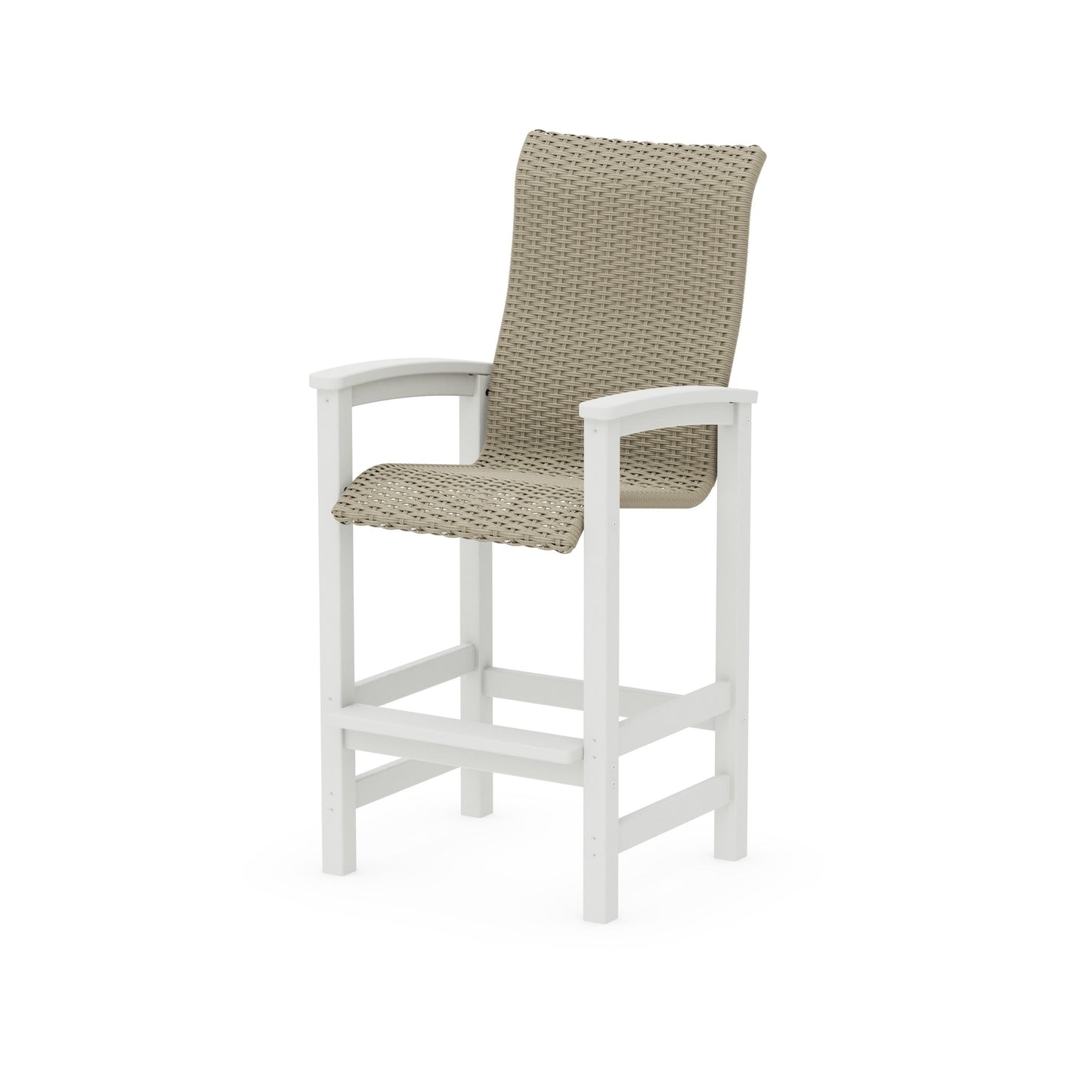 POLYWOOD Coastal Woven High-Back Bar Chair — Vintage White / Dune Grass