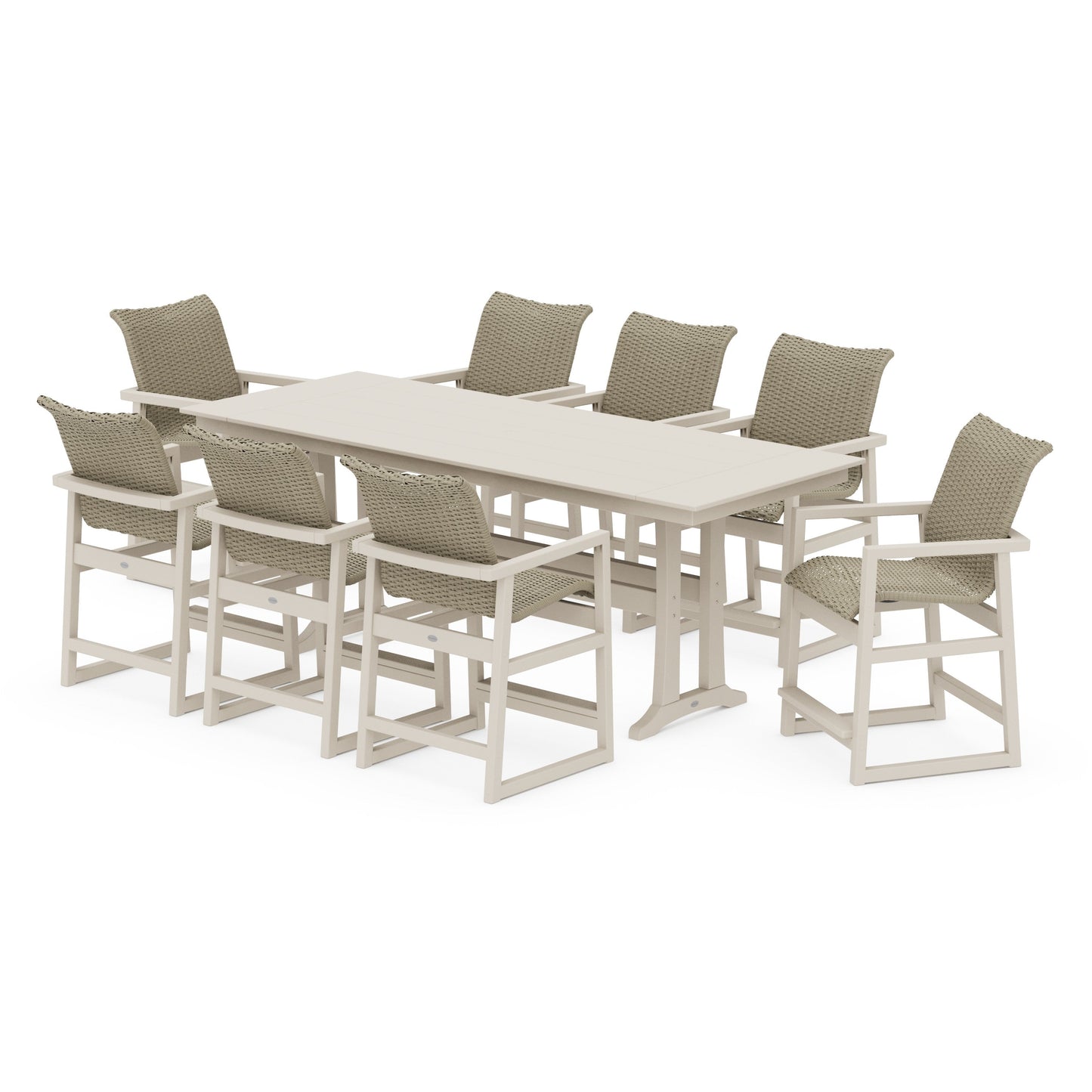 POLYWOOD EDGE Woven 9-Piece Farmhouse Counter Set with Trestle Legs — Sand / Dune Grass