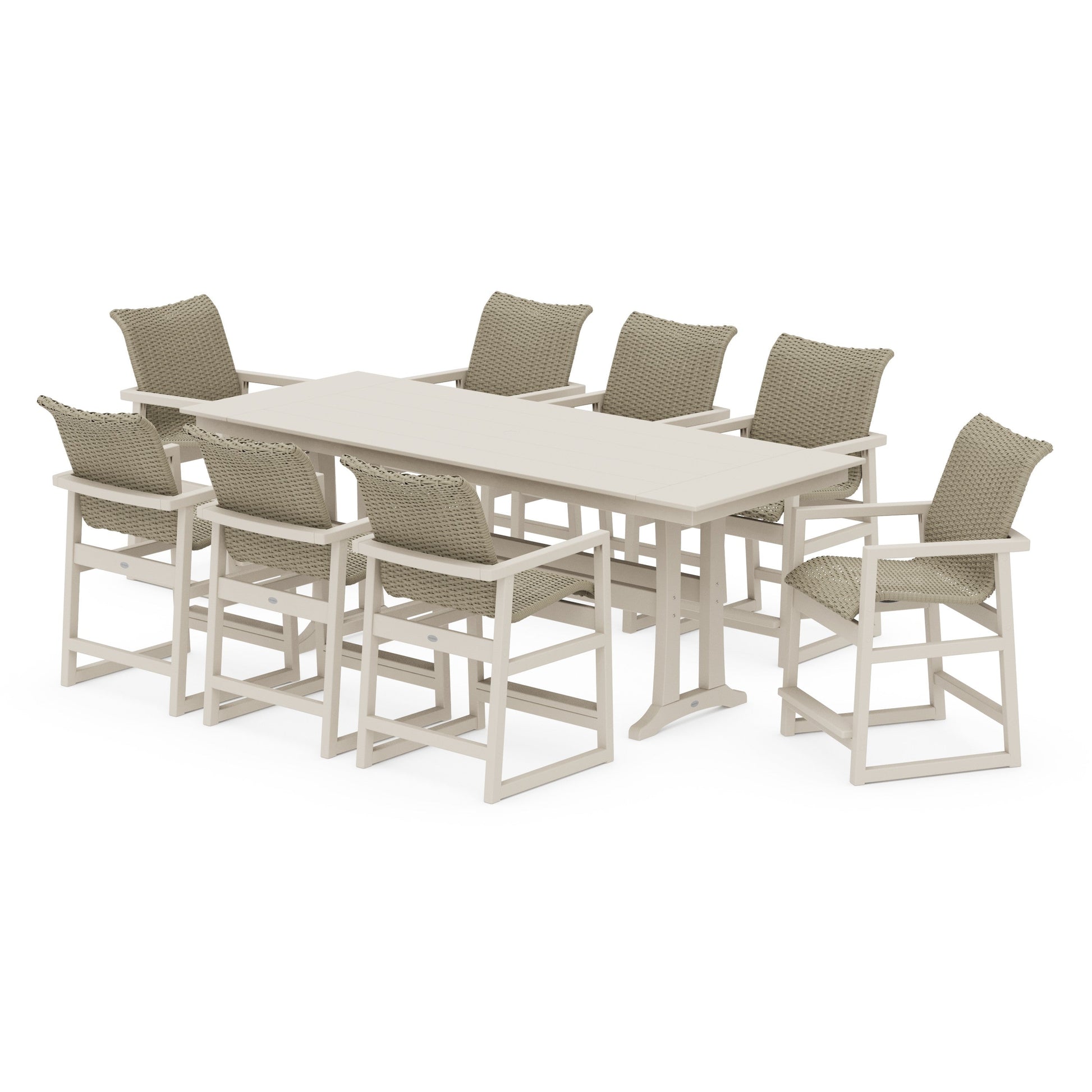 POLYWOOD EDGE Woven 9-Piece Farmhouse Counter Set with Trestle Legs — Sand / Dune Grass