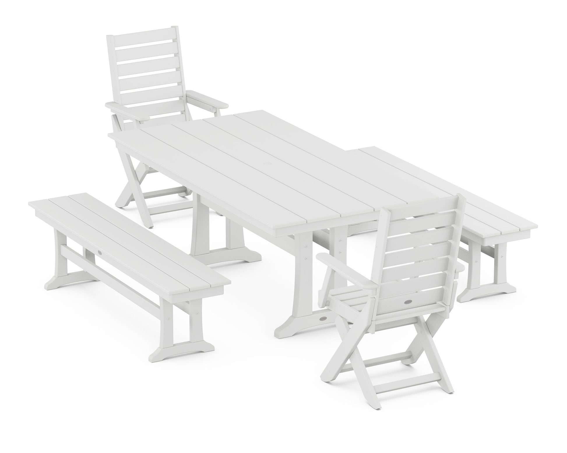 POLYWOOD Captain Folding Chair 5-Piece Farmhouse Dining Set With Trestle Legs — White