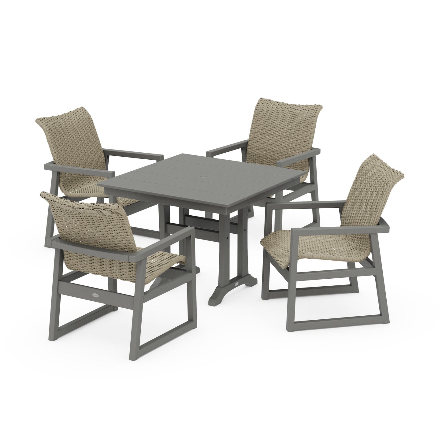 POLYWOOD EDGE Woven 5-Piece Farmhouse Dining Set with Trestle Legs — Slate Grey / Dune Grass