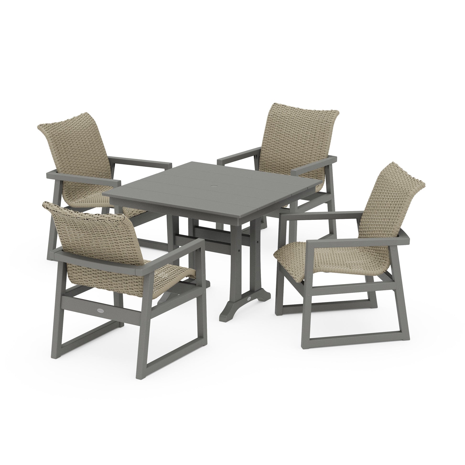 POLYWOOD EDGE Woven 5-Piece Farmhouse Dining Set with Trestle Legs — Slate Grey / Dune Grass