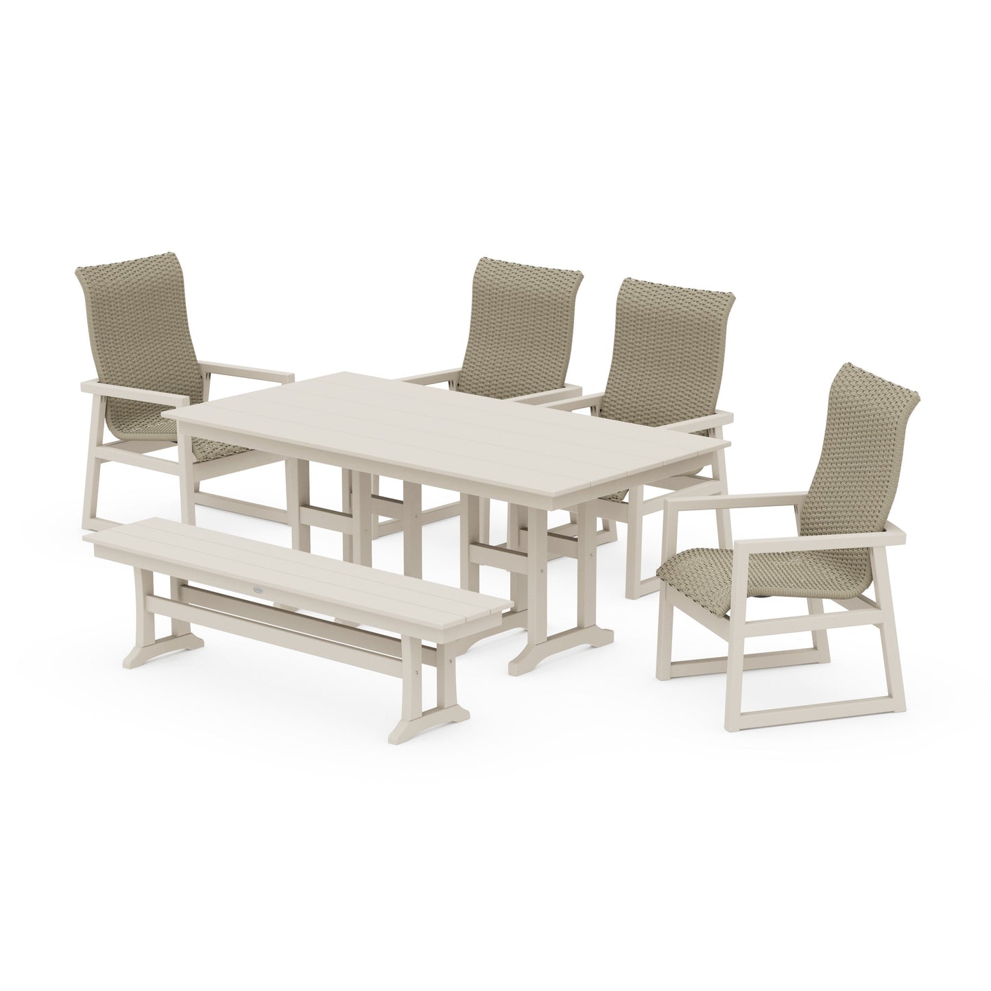 POLYWOOD EDGE Woven Highback 6-Piece Farmhouse Dining Set with Bench — Sand / Dune Grass