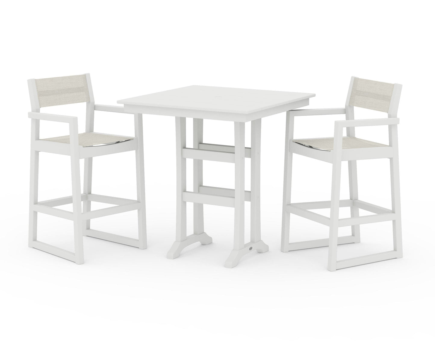 POLYWOOD EDGE Sling Arm Chair 3-Piece Farmhouse Bar Set with Trestle Legs — Vintage White / Parchment Sling