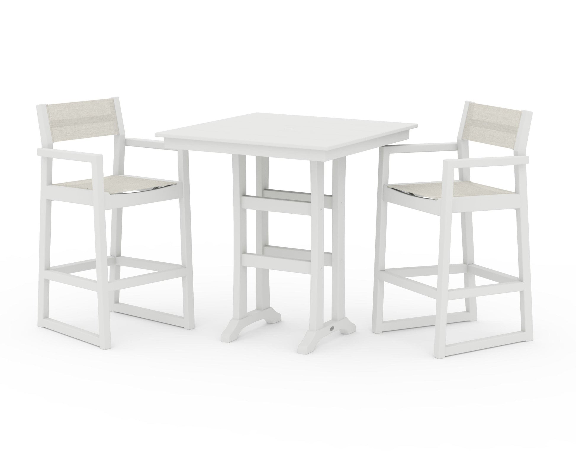 POLYWOOD EDGE Sling Arm Chair 3-Piece Farmhouse Bar Set with Trestle Legs — Vintage White / Parchment Sling