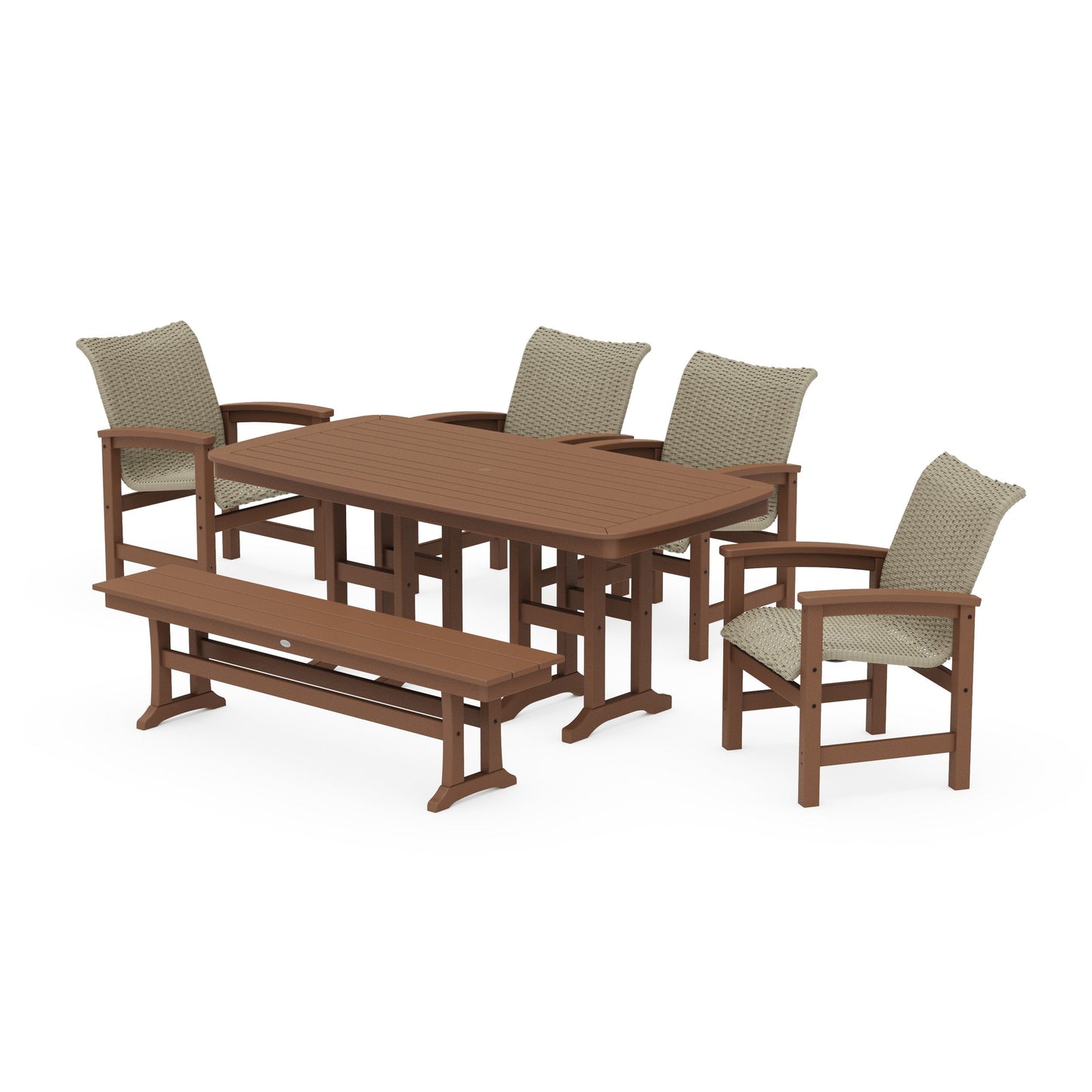POLYWOOD Coastal Woven 6-Piece Farmhouse Dining Set with Bench — Teak / Dune Grass