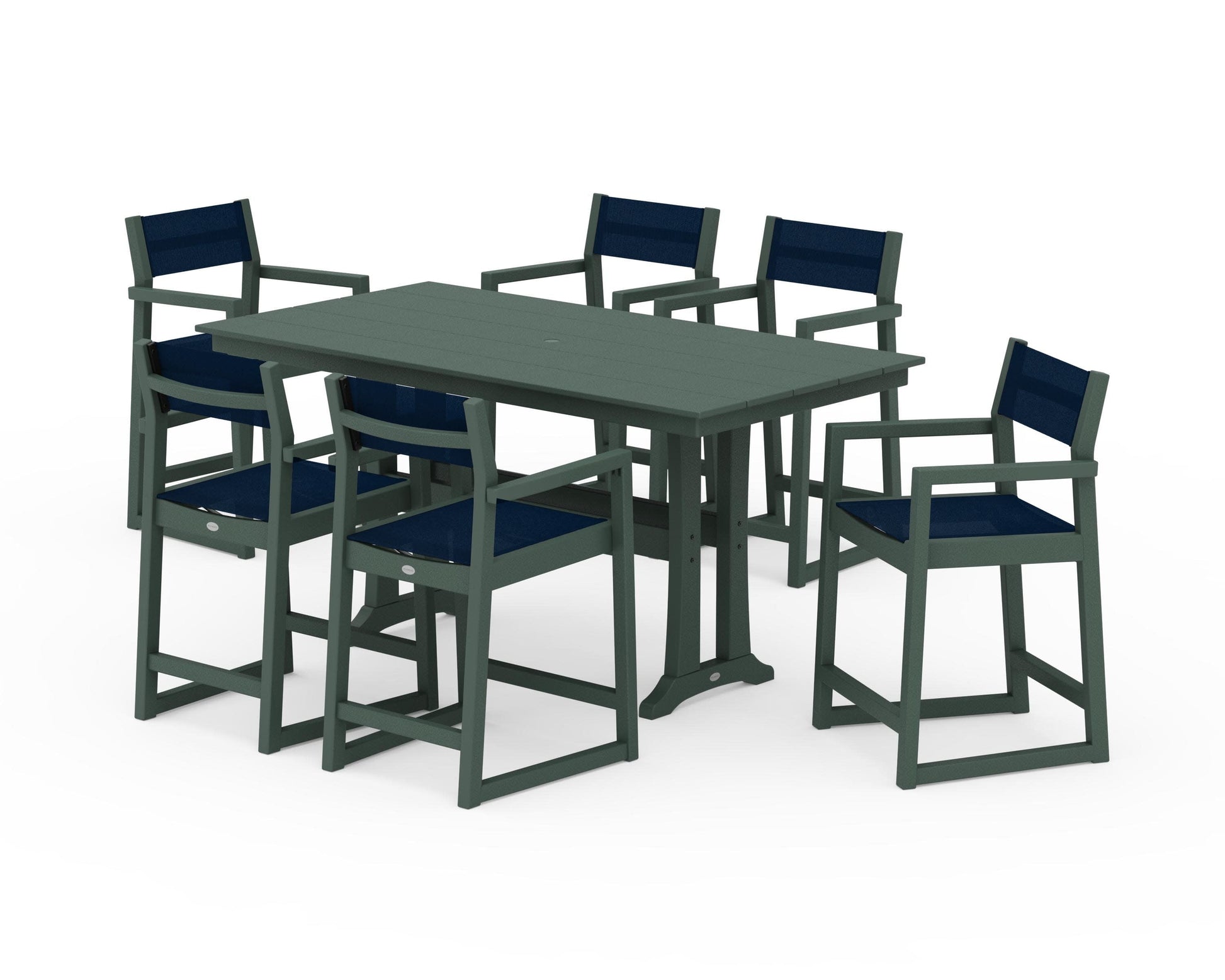 POLYWOOD EDGE Sling Arm Chair 7-Piece Farmhouse Counter Set with Trestle Legs — Green / Navy Blue Sling